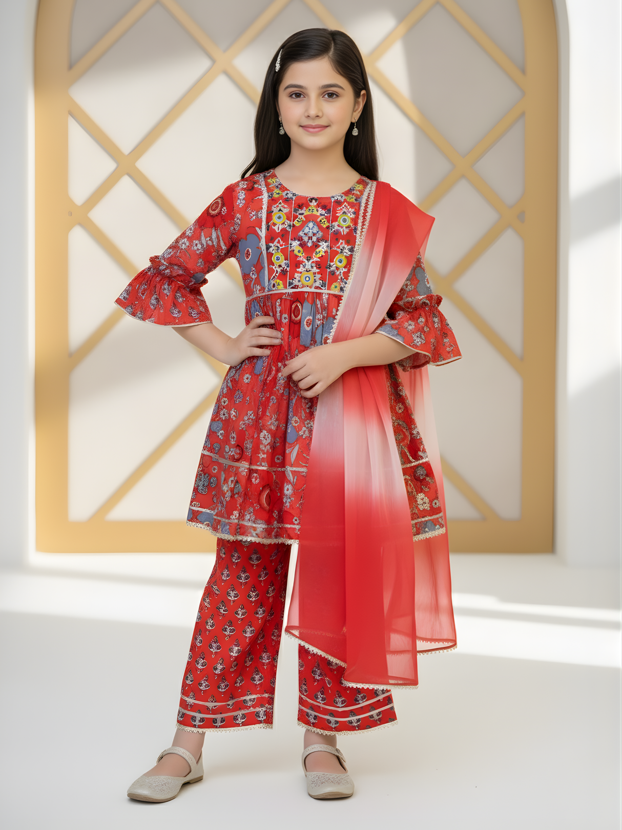 Girls' Red Block Print Style Kurta Sharara Set | Traditional Festive Outfit.