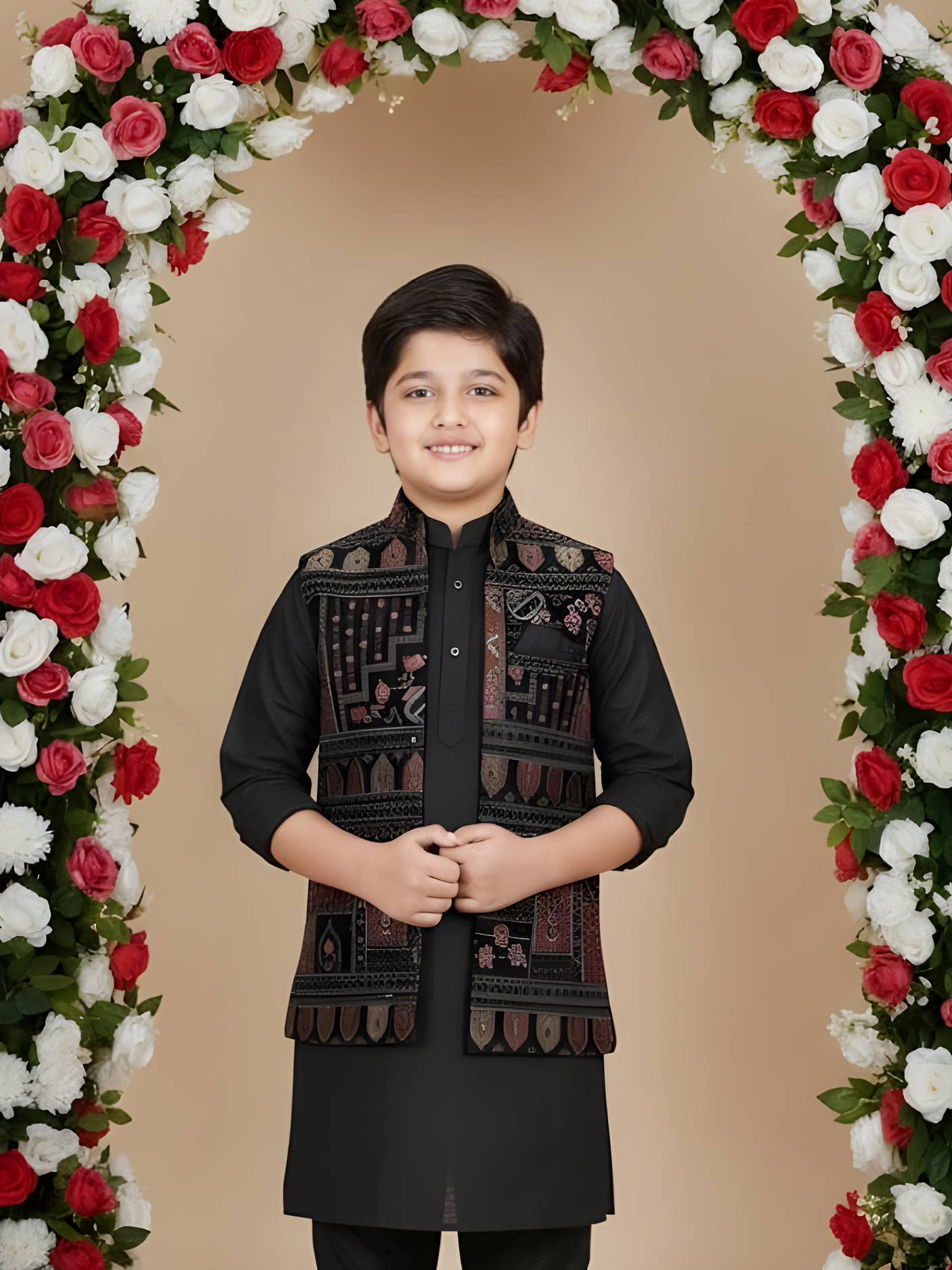 Boys Traditional Printed Chuddidar Kurta with Koti - Black