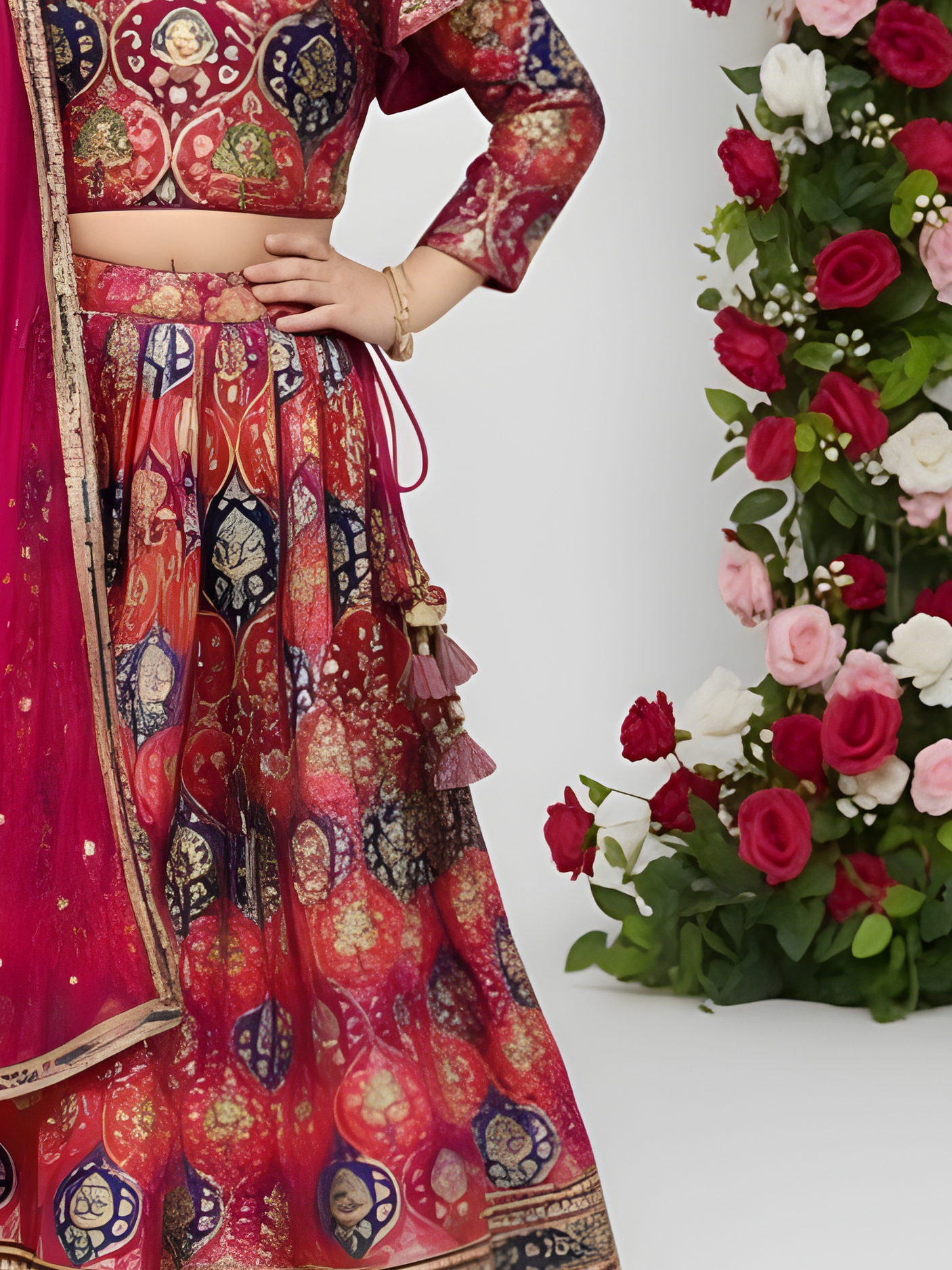 Girls' Red Brocade Embroidered Crop Top (Choli) and Lehenga Set with Dupatta