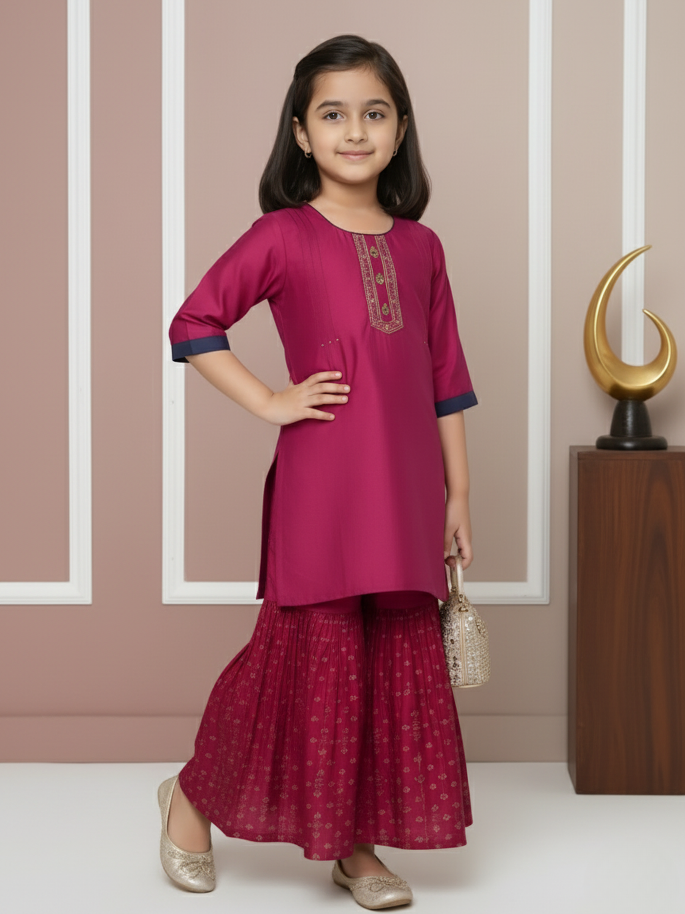 Girls' Magenta Art Silk Kurti and Printed Plazo Set