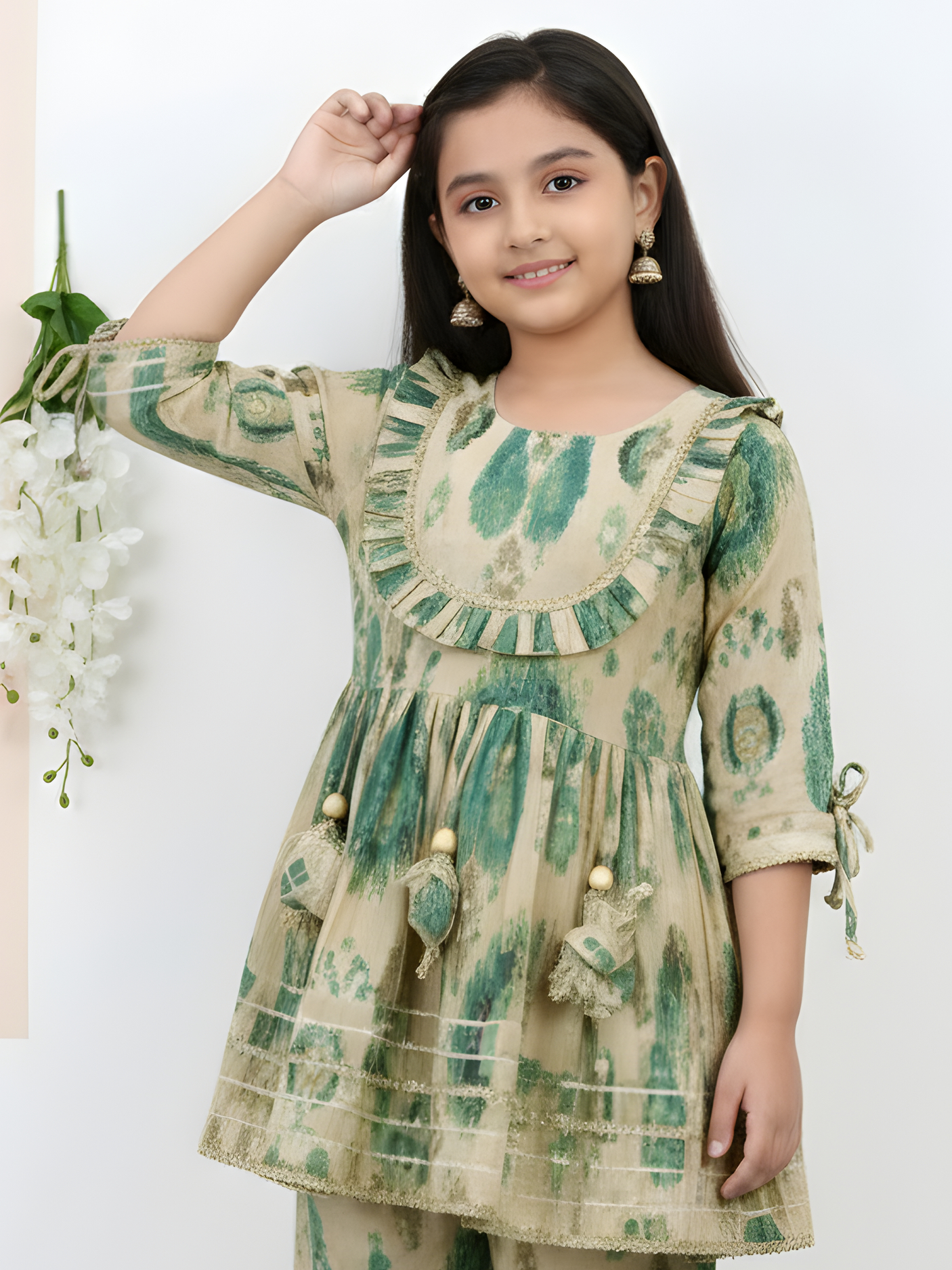Girls Cream & Green Ikat Print Sharara Set