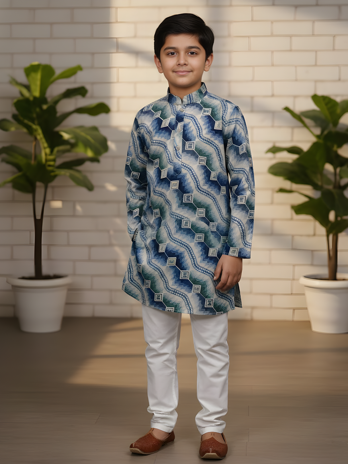 Premium Navy Blue Geometric Print Kurta with White Pajama