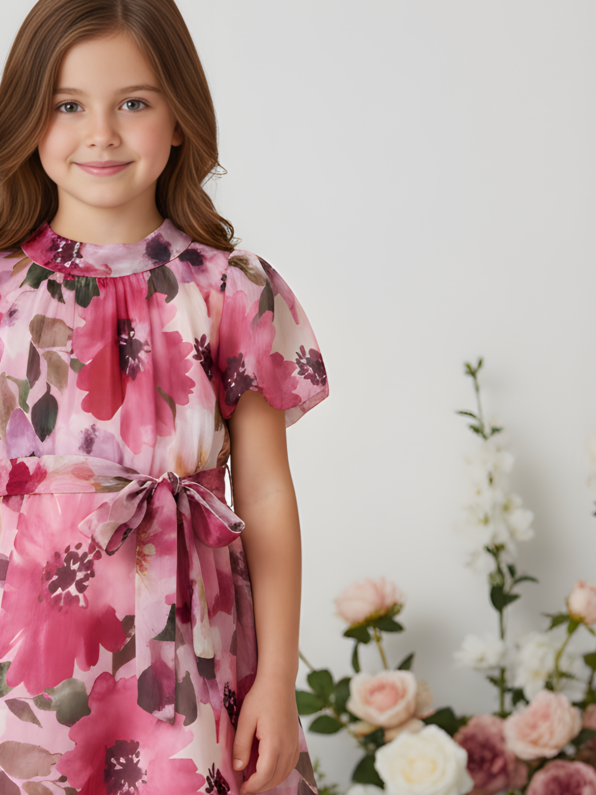 Girls' Sheer Pink Floral Organza Frock with Tie-Up Neck and Waist