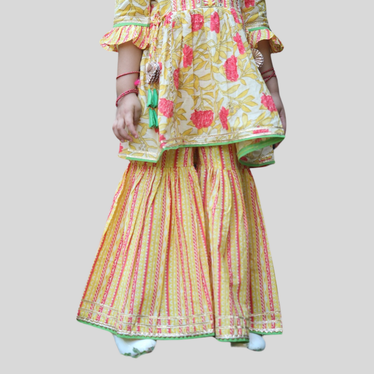 Girls Traditional 3/4th Sleeves Sharara Set - Yellow