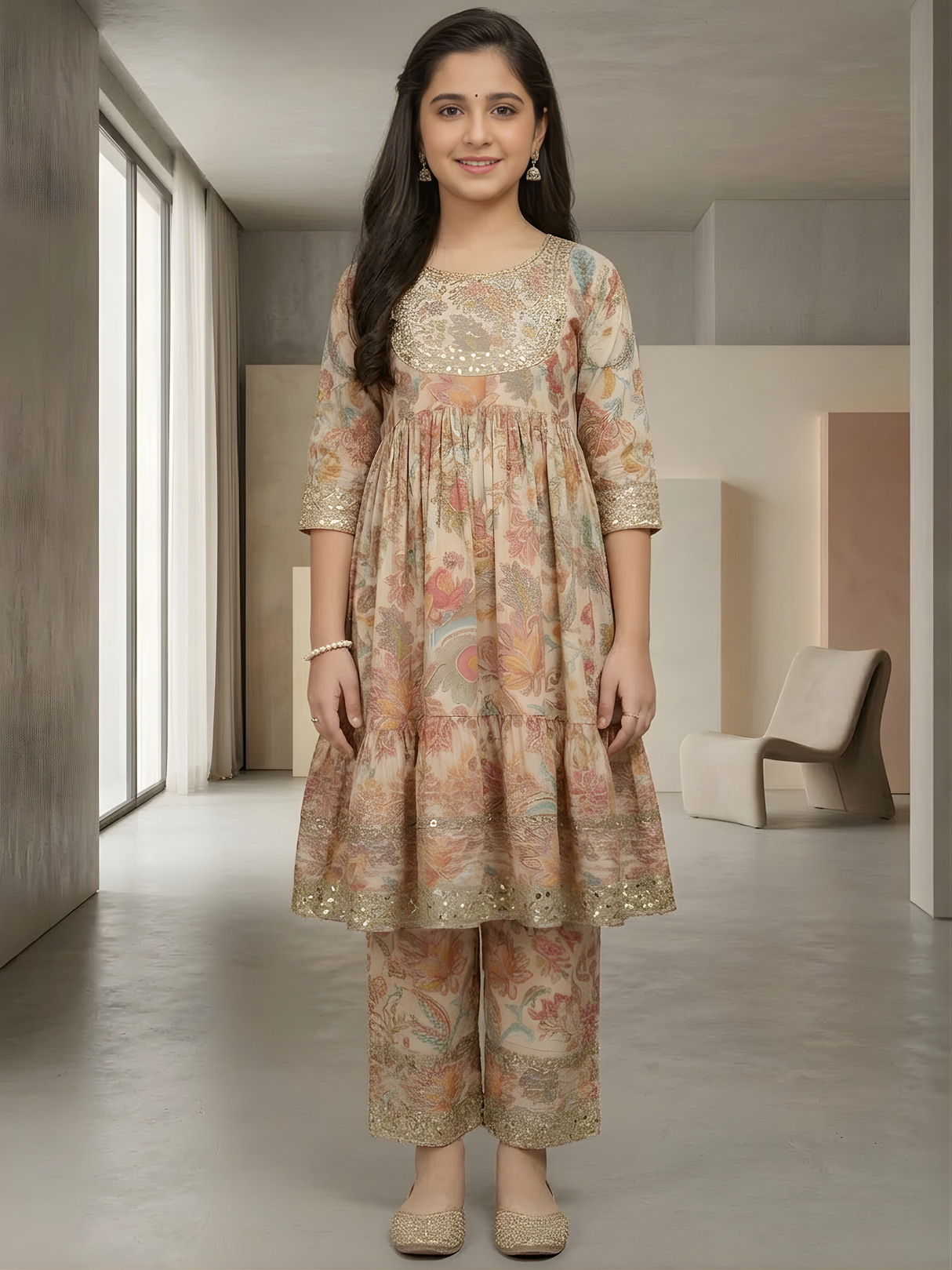 Girls' Elegant Cream Floral Tiered Suit Set with Heavy Sequin Work
