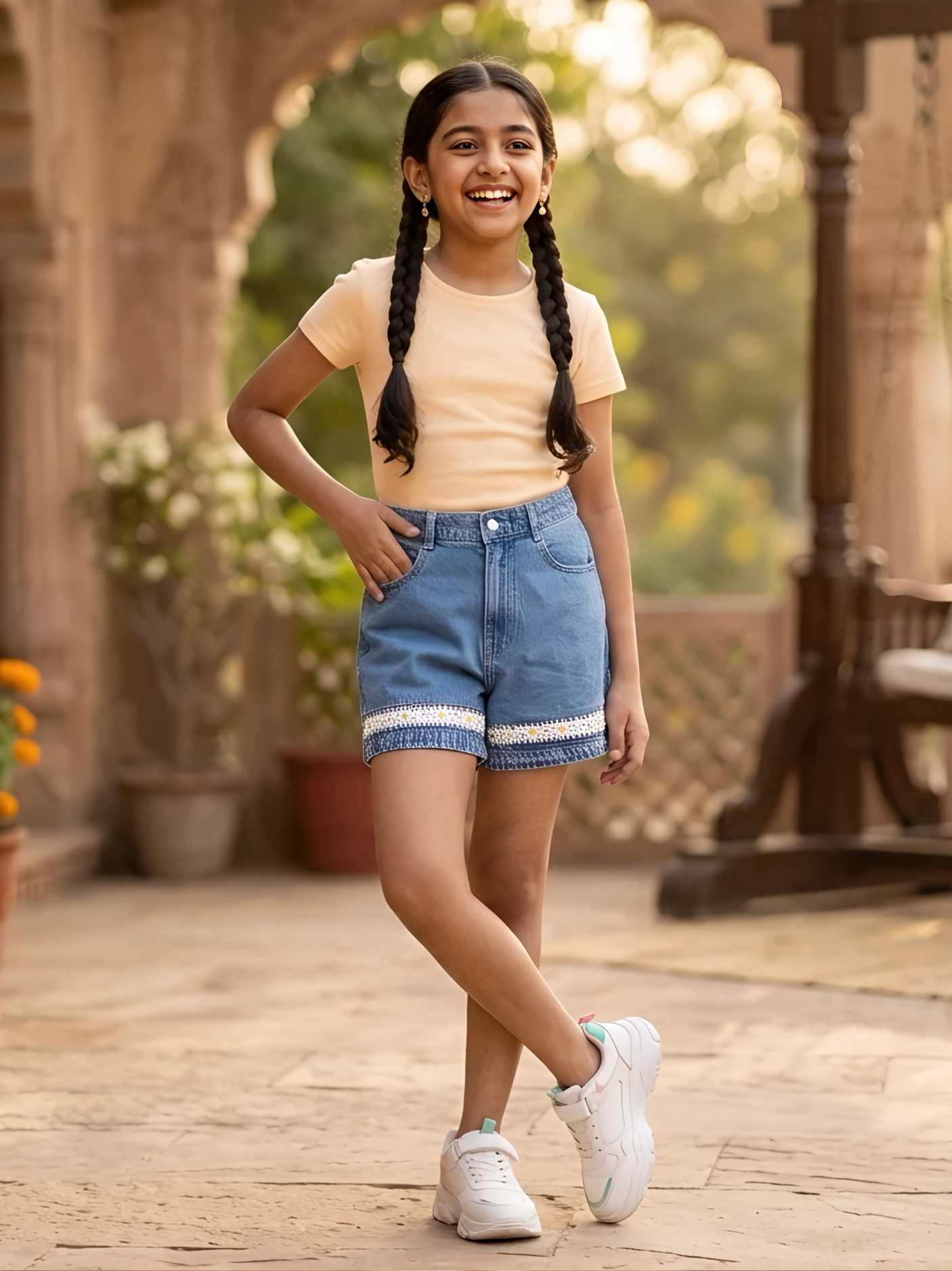 Girls Casual Blue Denim Shorts with Embroidered Hem