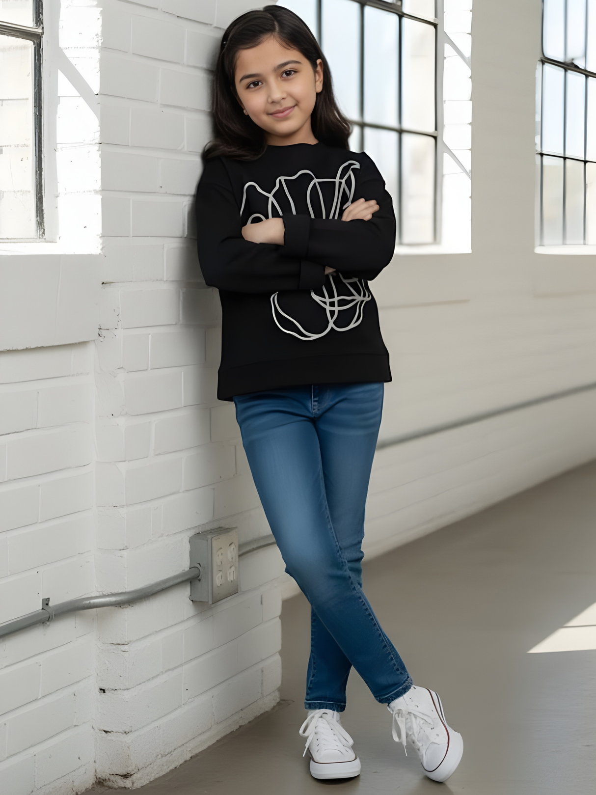 Girls' Black Long Sleeve T-Shirt with White Floral Graphic