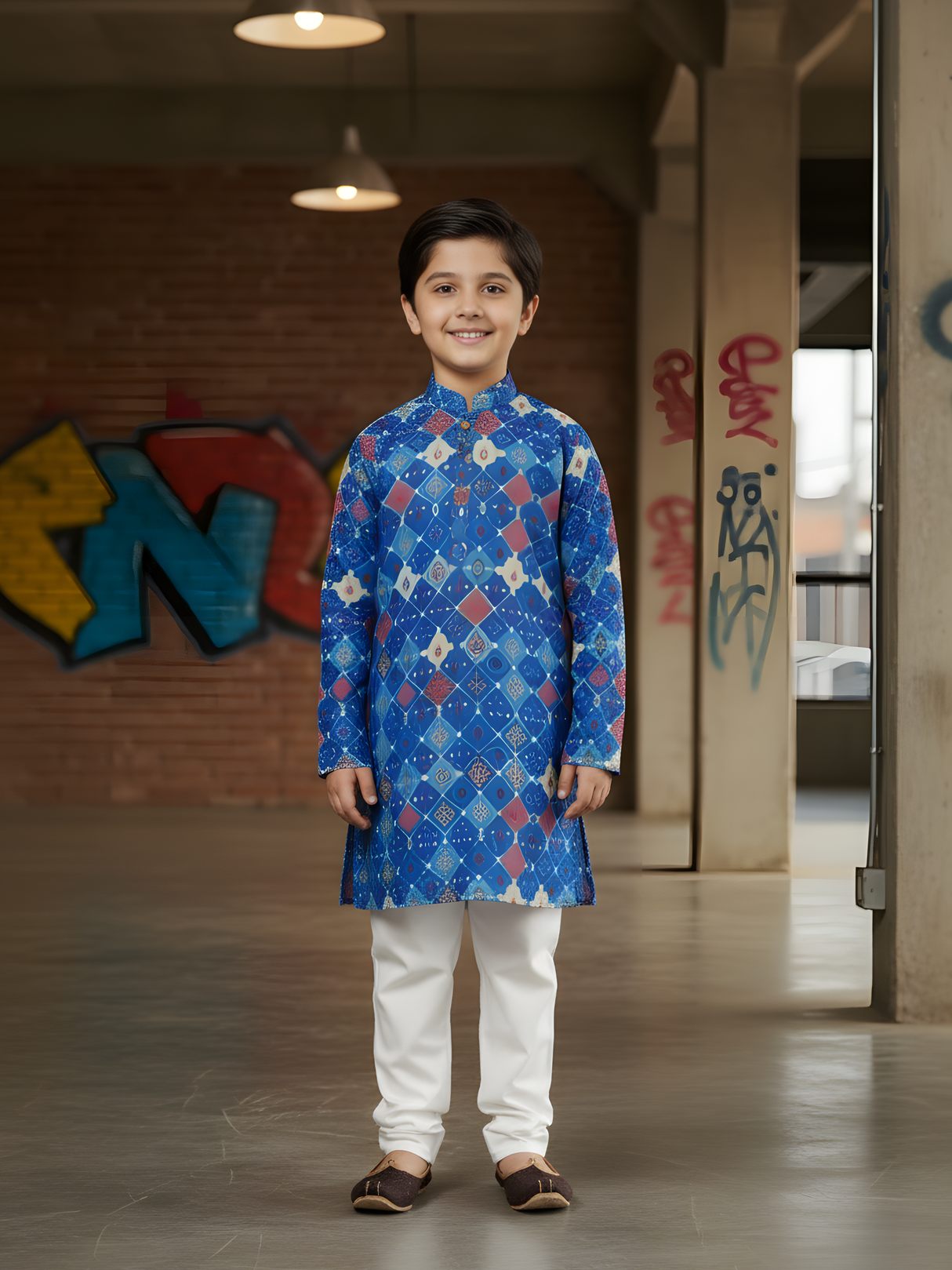 Boys' Bright Blue Festive Geometric Print Kurta with White Pyjama Set.