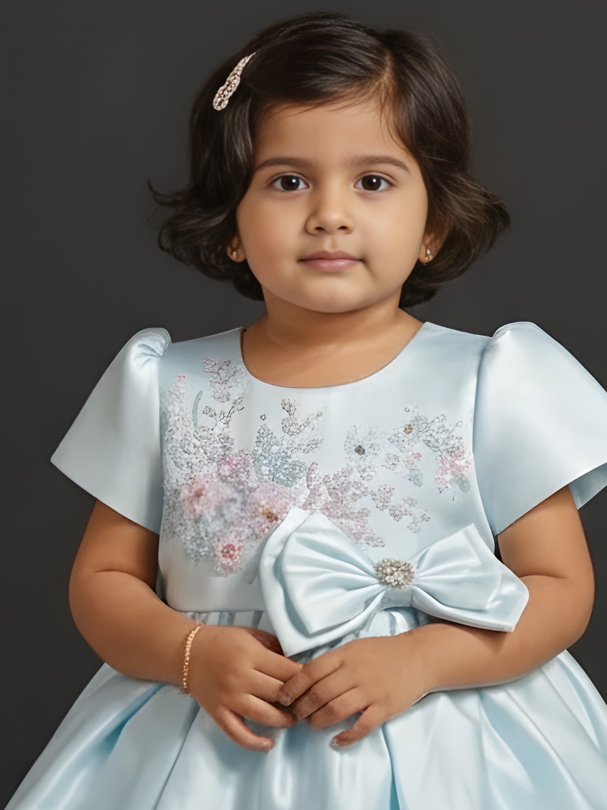 Serene Sky Blue Floral Embroidered Satin Party Dress with Waist Bow