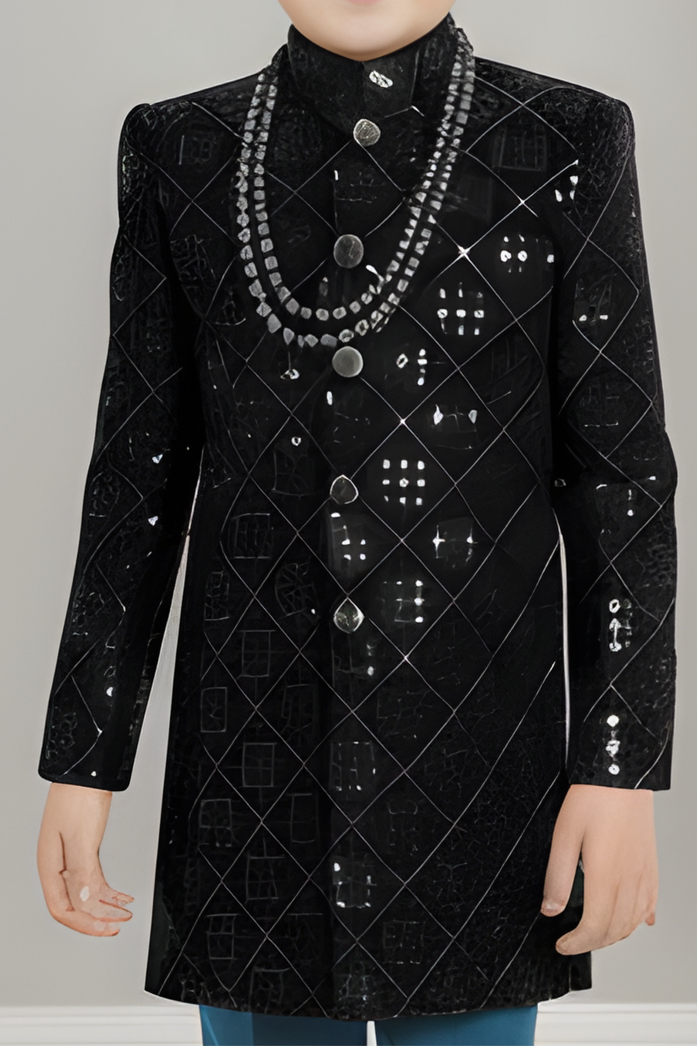 Boys' Green Sequined Sherwani with Teal Trousers Set