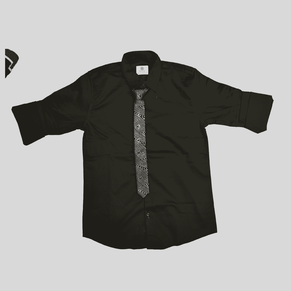 Boys Casual Full Sleeves Plain Shirt With Tie - Black
