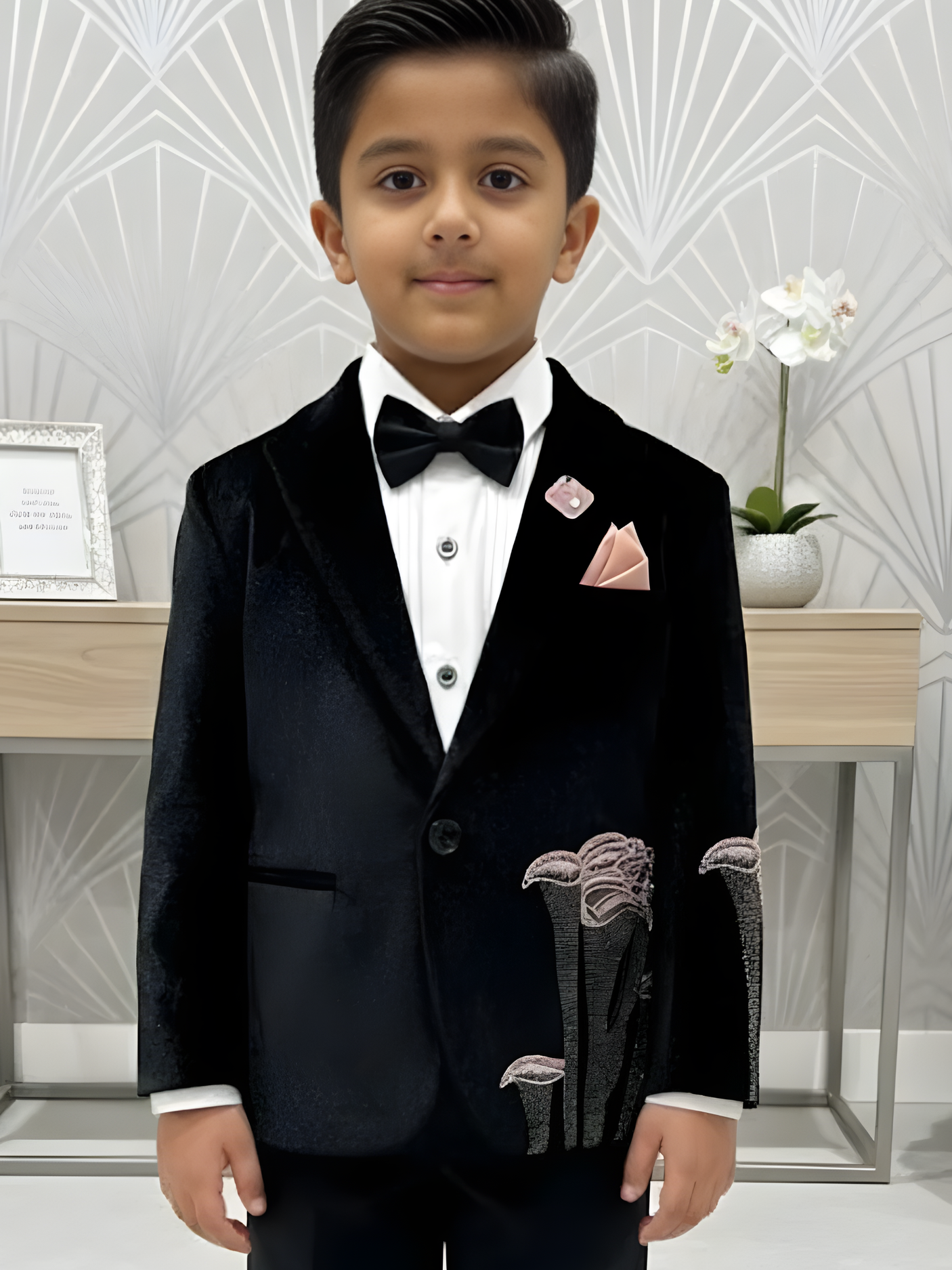 Boys' Midnight Black Velvet Blazer Suit with Pink Floral Embroidery