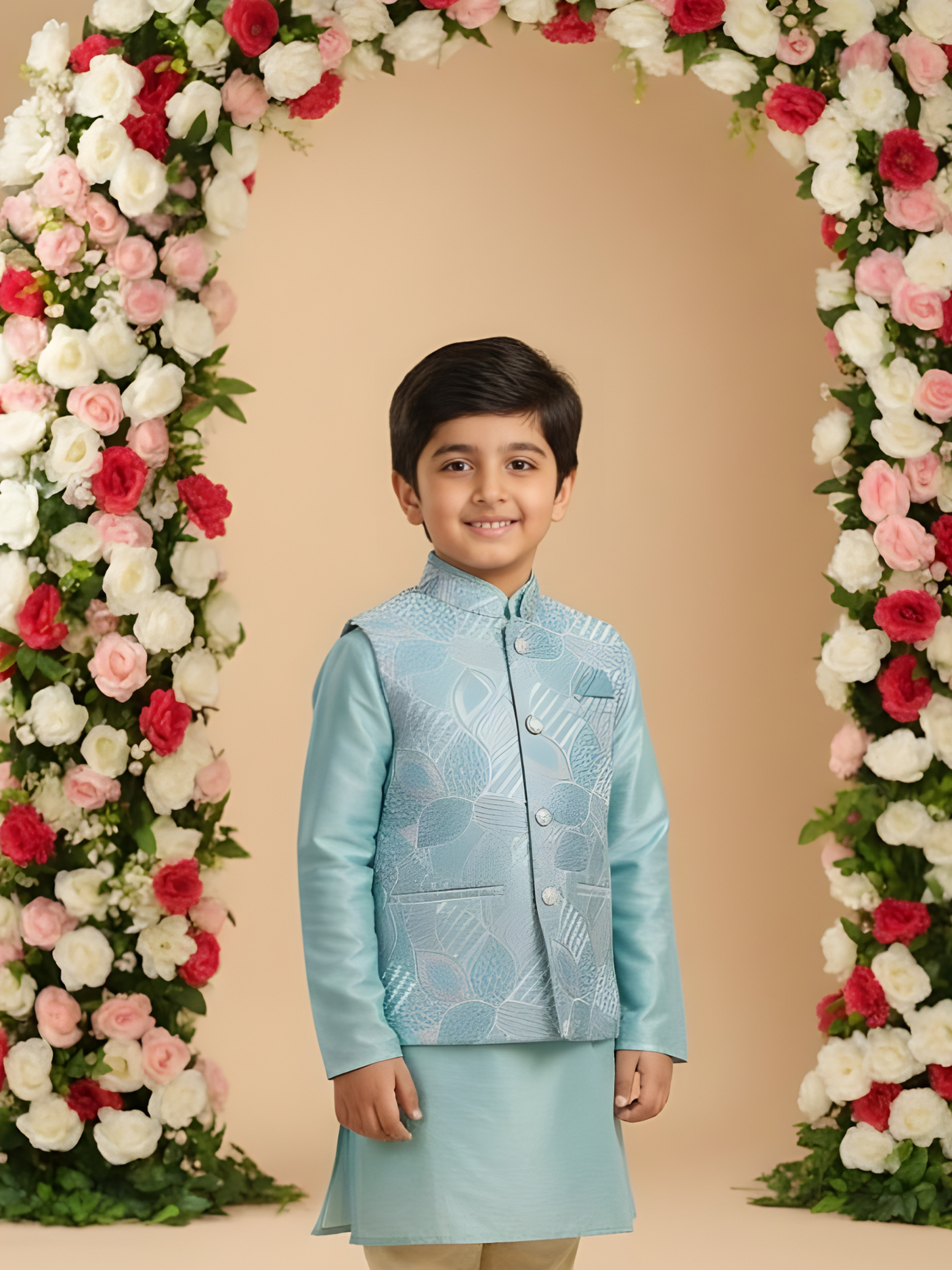 Boys Traditional With Work Chuddidar Kurta with Koti - Sky Blue
