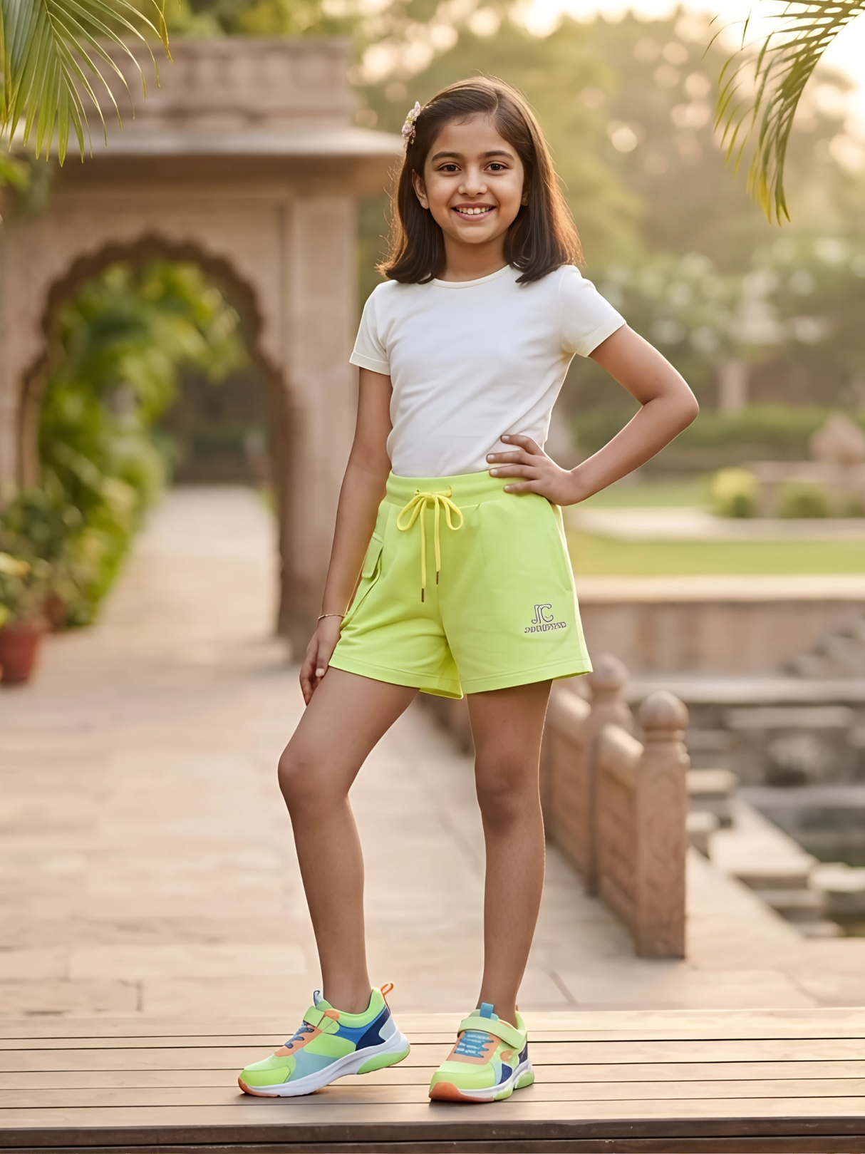 Girls' Vibrant Neon Green Drawstring Casual Shorts