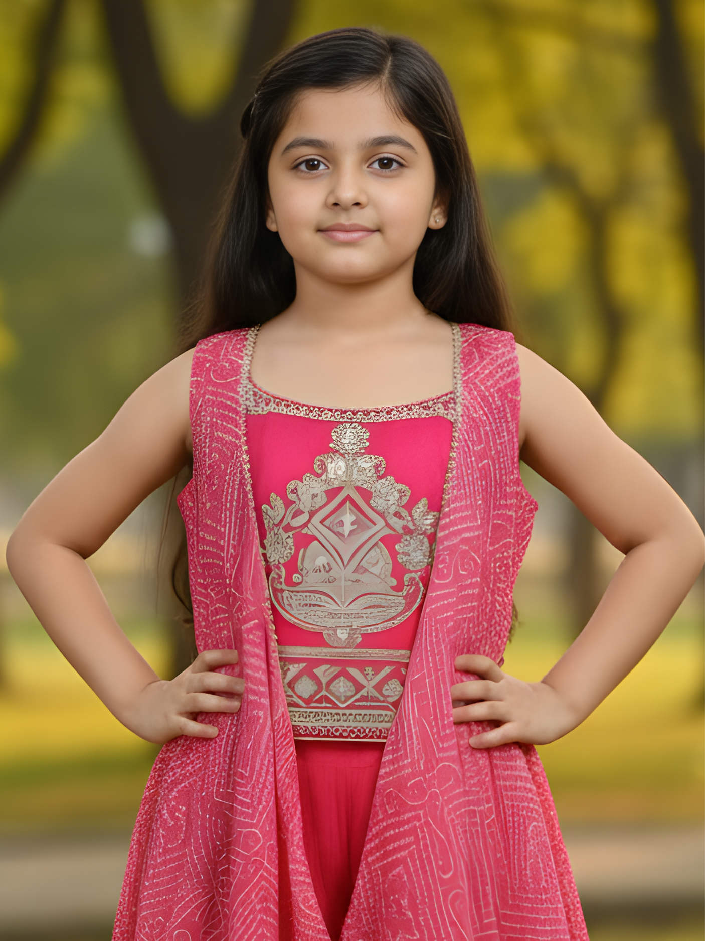 Girls Rani Pink Embroidered Kurta & Sharara Set with Bandhani Shrug