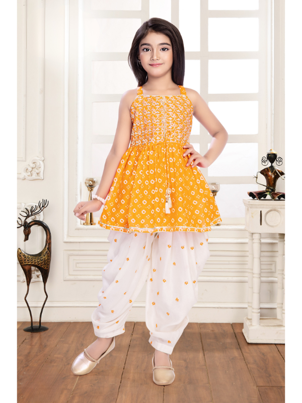 Girls Traditional Sleeve Less Patiala Set - Lemon Yellow