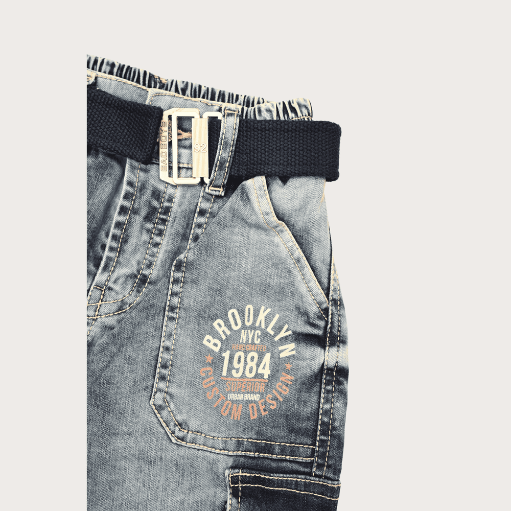 Boys Casual Plain Jeans Joggers With Rib - Blue