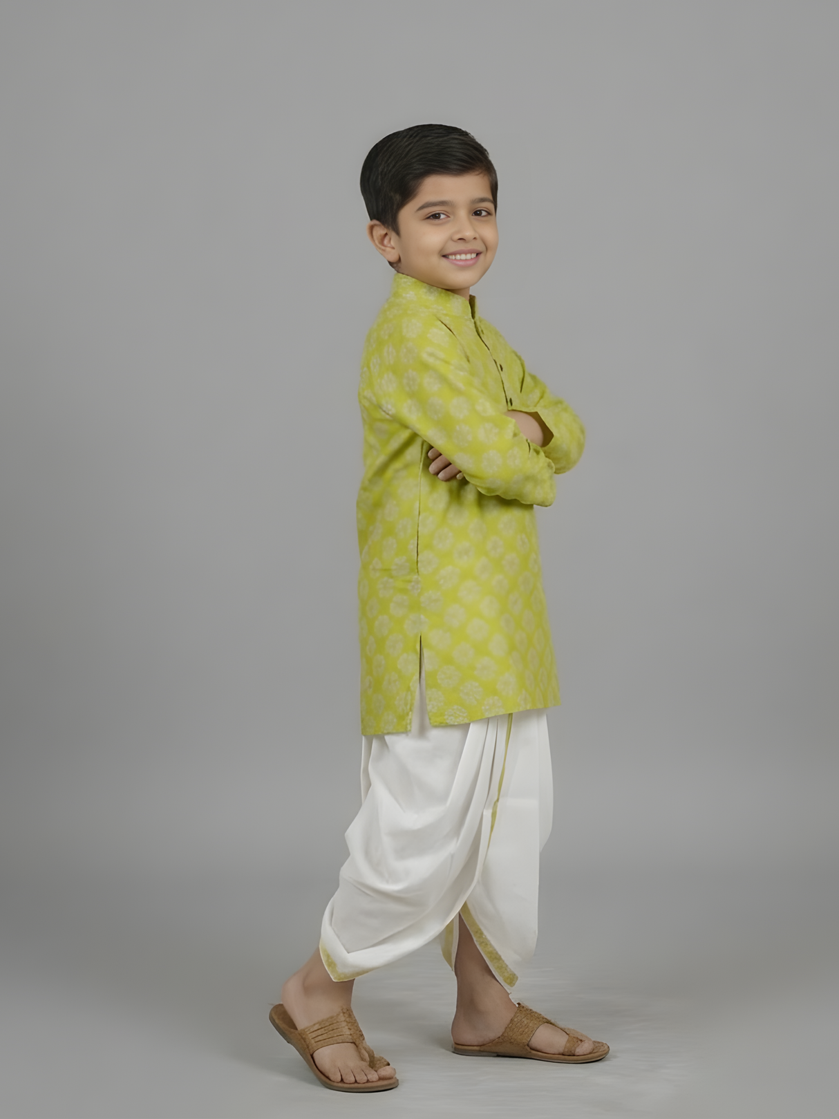 Boys' Lime Green Geometric Printed Kurta with White Dhoti Set