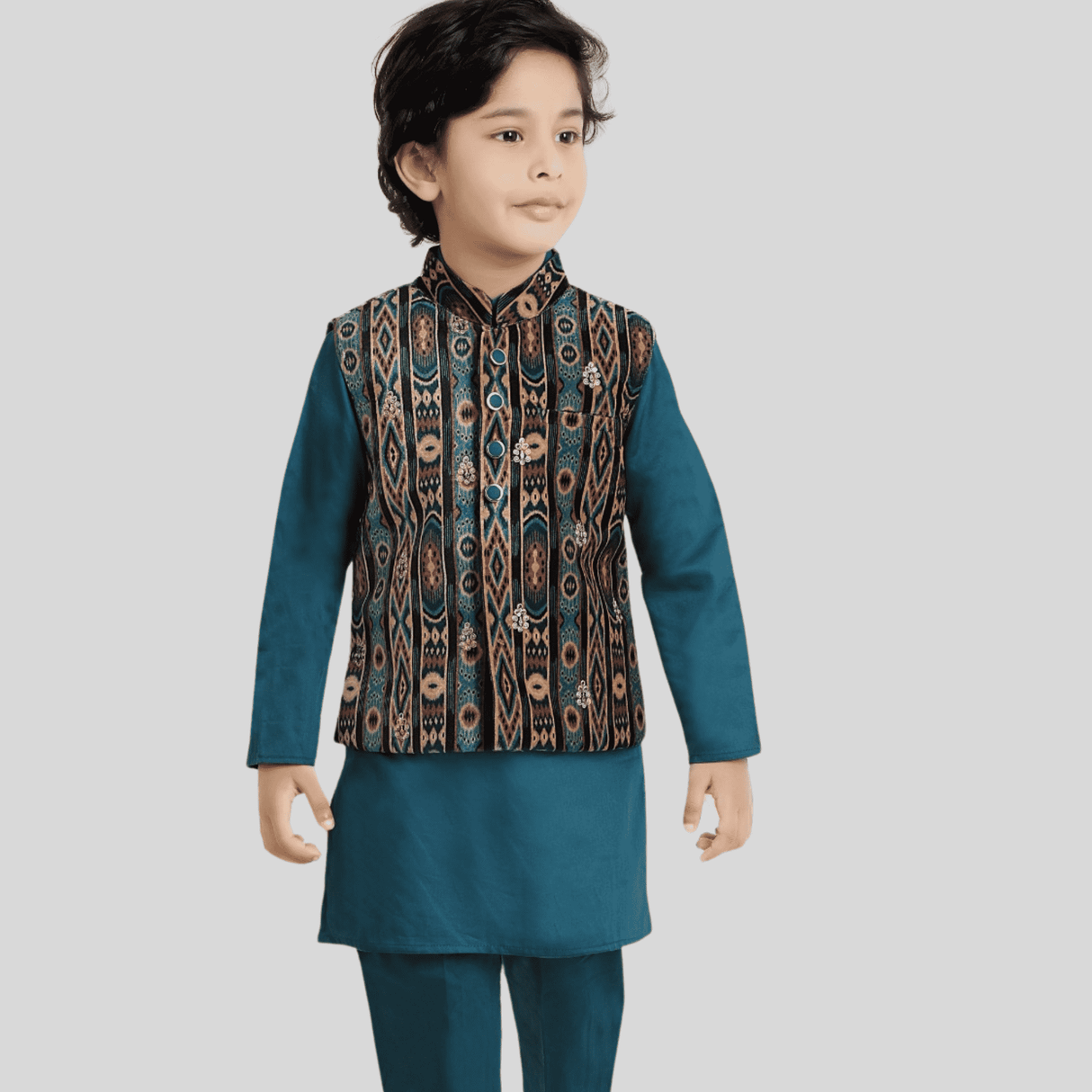 Boys Traditional Self Design Chudidar Kurta with Koti - Navy Blue