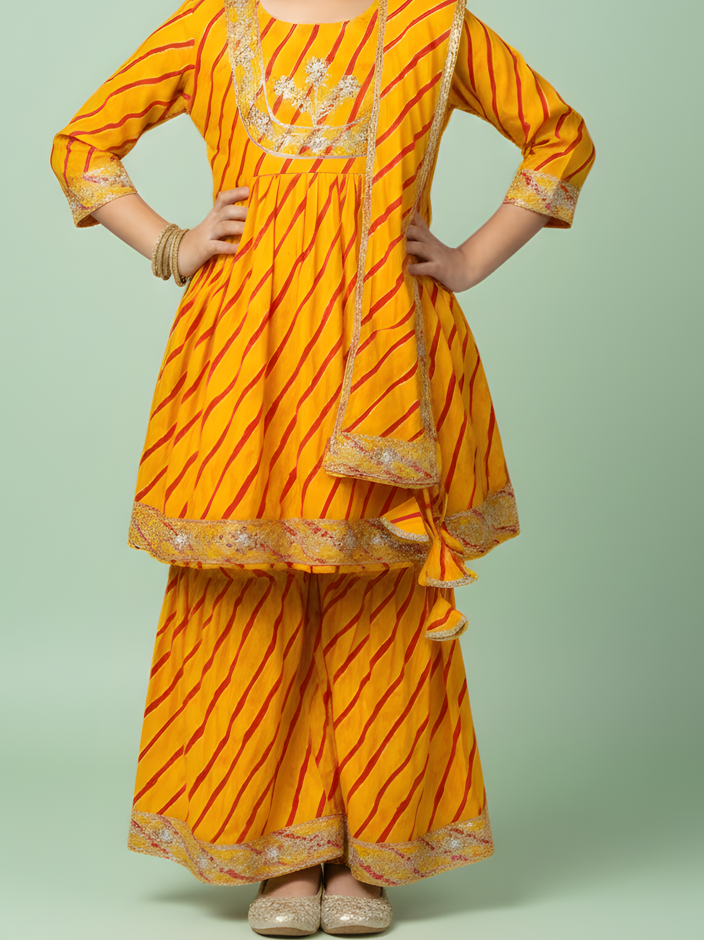 Girls' Yellow Leheriya Print Sharara and Dupatta