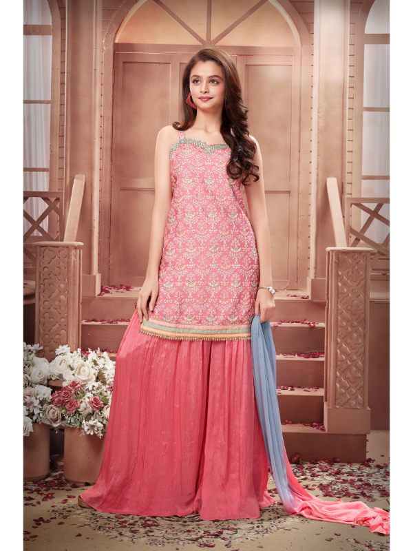Girls Traditional Sleeves Less Plazo Set - Pink