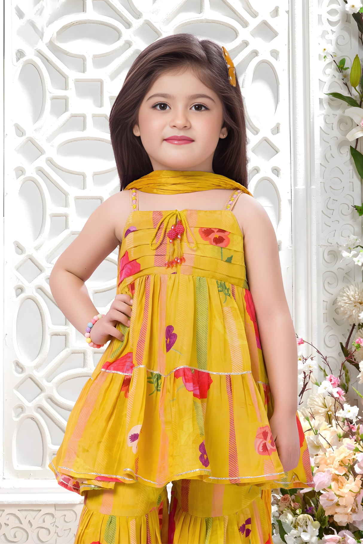 Girls' Yellow Floral Tiered Peplum Top and Sharara Set