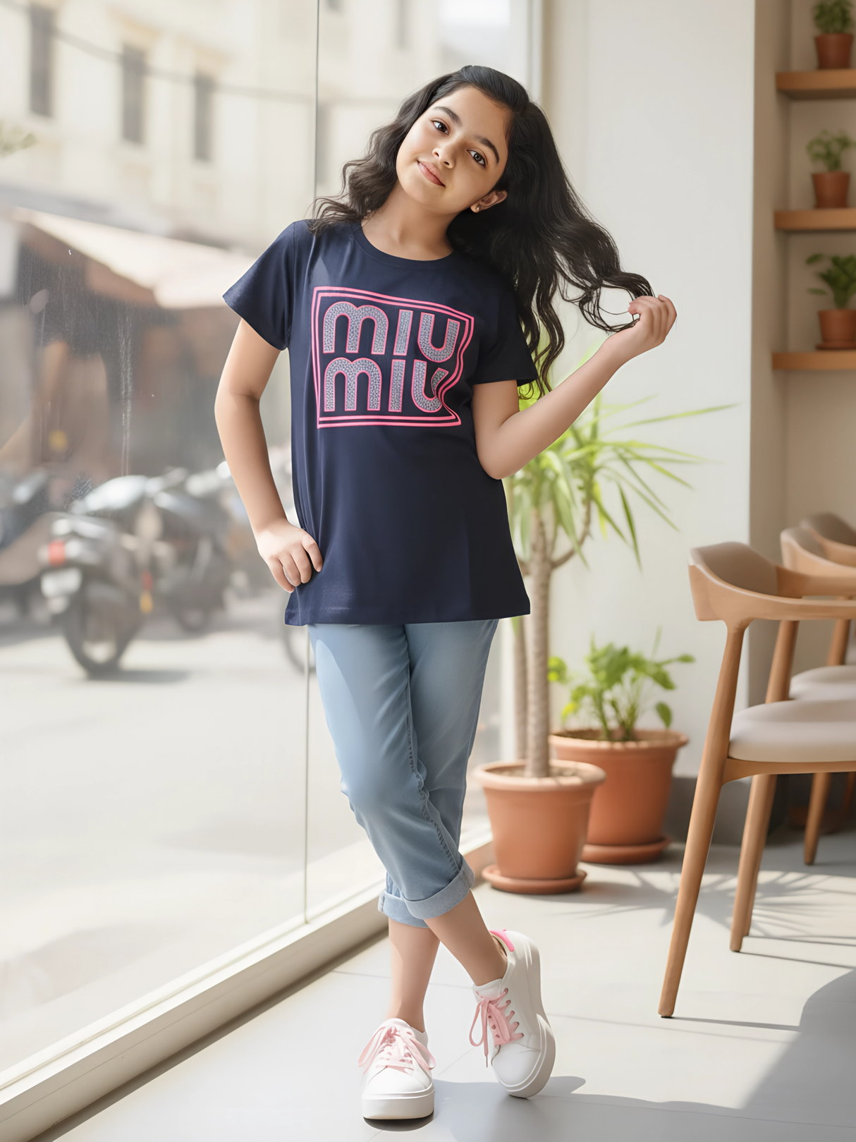 Girls' Navy Blue "MIU MIU" Graphic Tee - Sparkle Edition