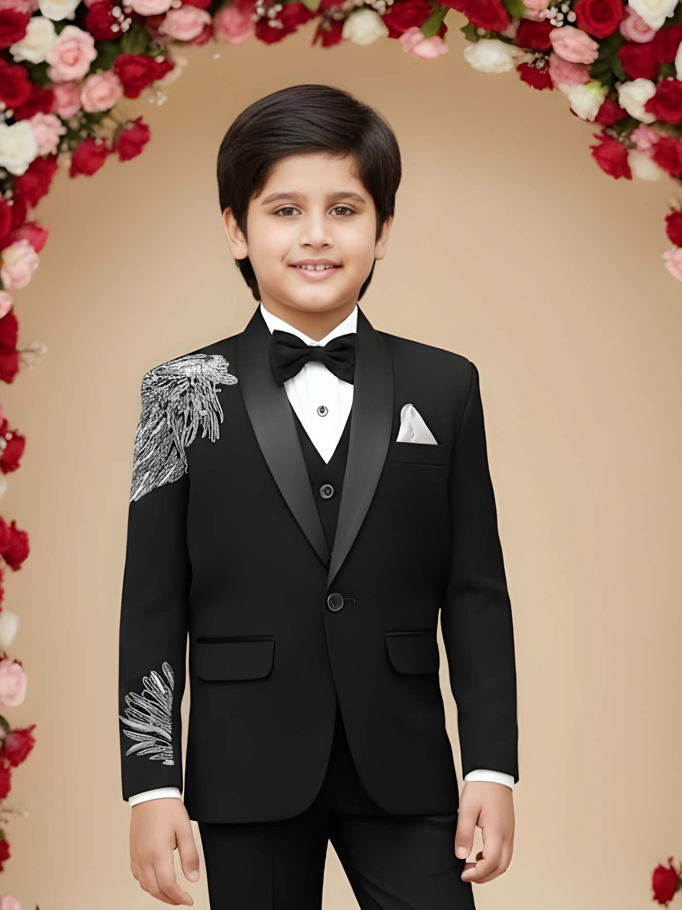 Boys' Black Velvet Jodhpuri Suit with Heavy Silver Embroidery