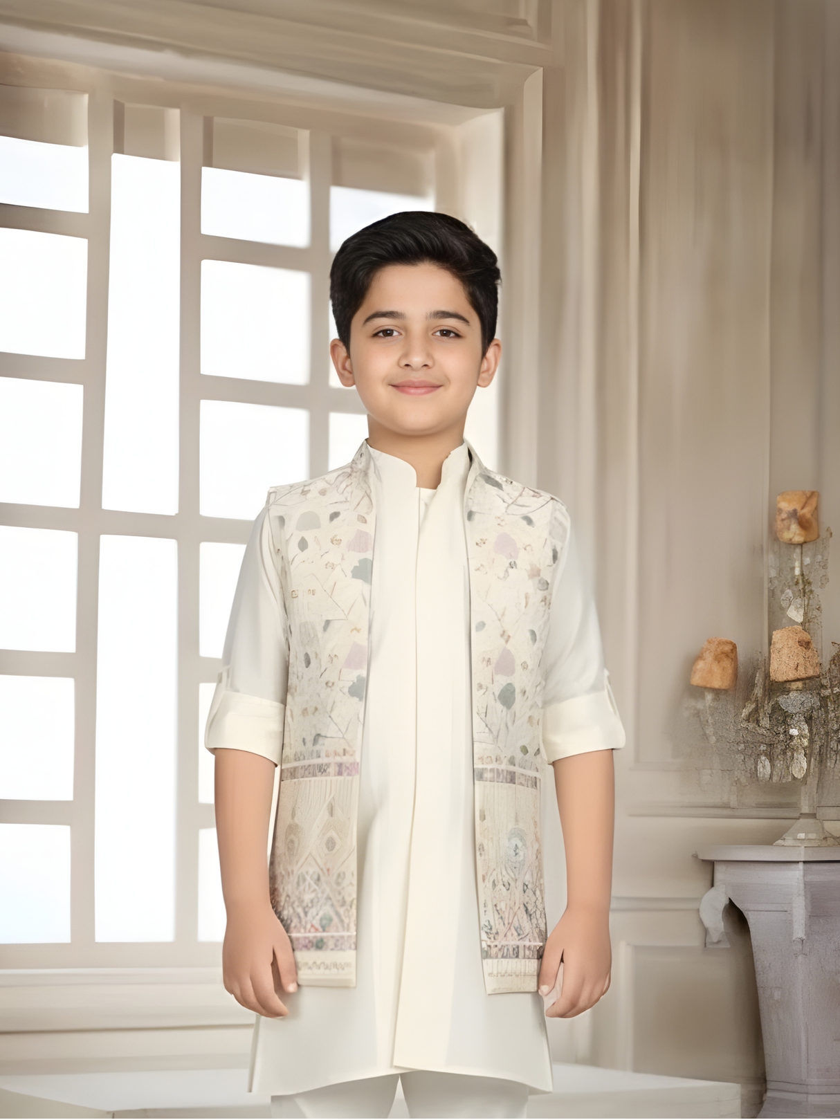 Boys' Luxurious Cream Kurta Set with Gold Sequined Waistcoat (3-Piece)