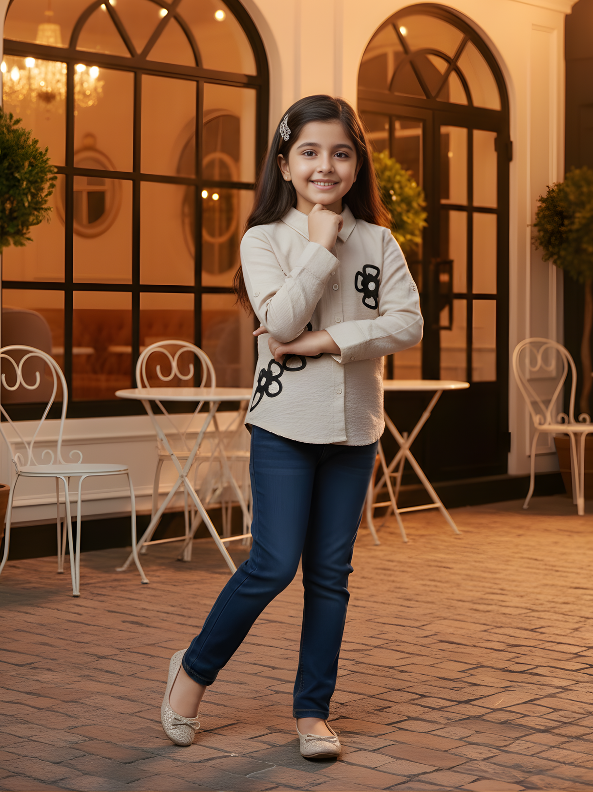 Girls' Taupe Floral Appliqué Button-Down Shirt