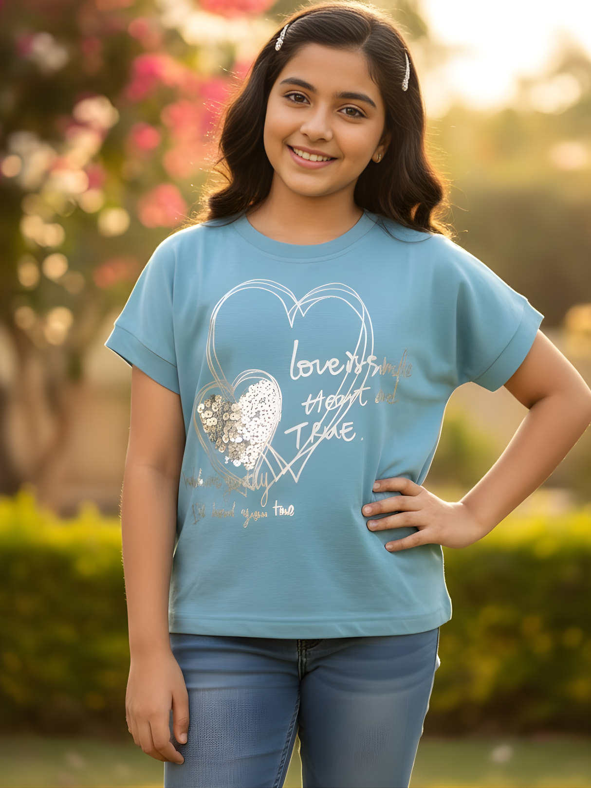 Girls' Serene Blue Heart Graphic Top.