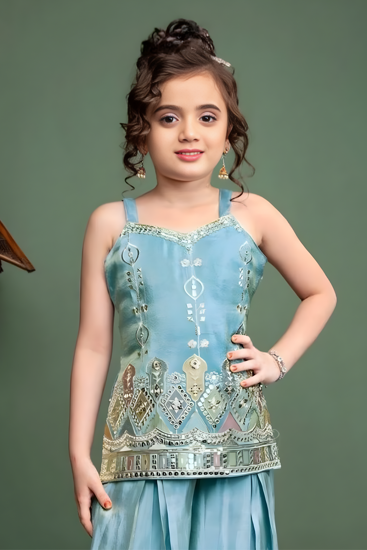 Girls' Aqua Blue Sharara Set with Sequined Peplum Kurta