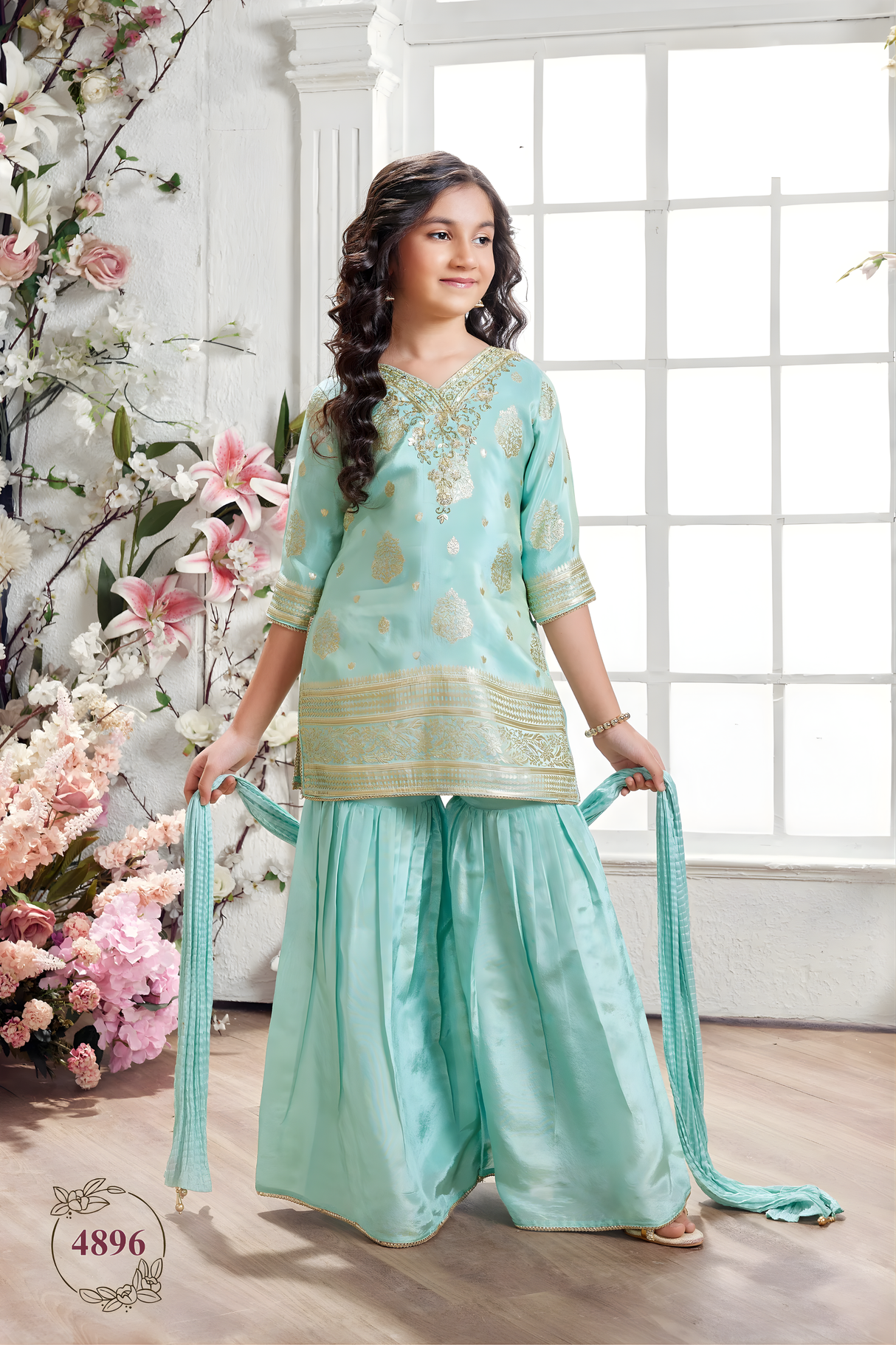 Girls' Mint Green Embroidered V-Neck Kurta and Sharara Set