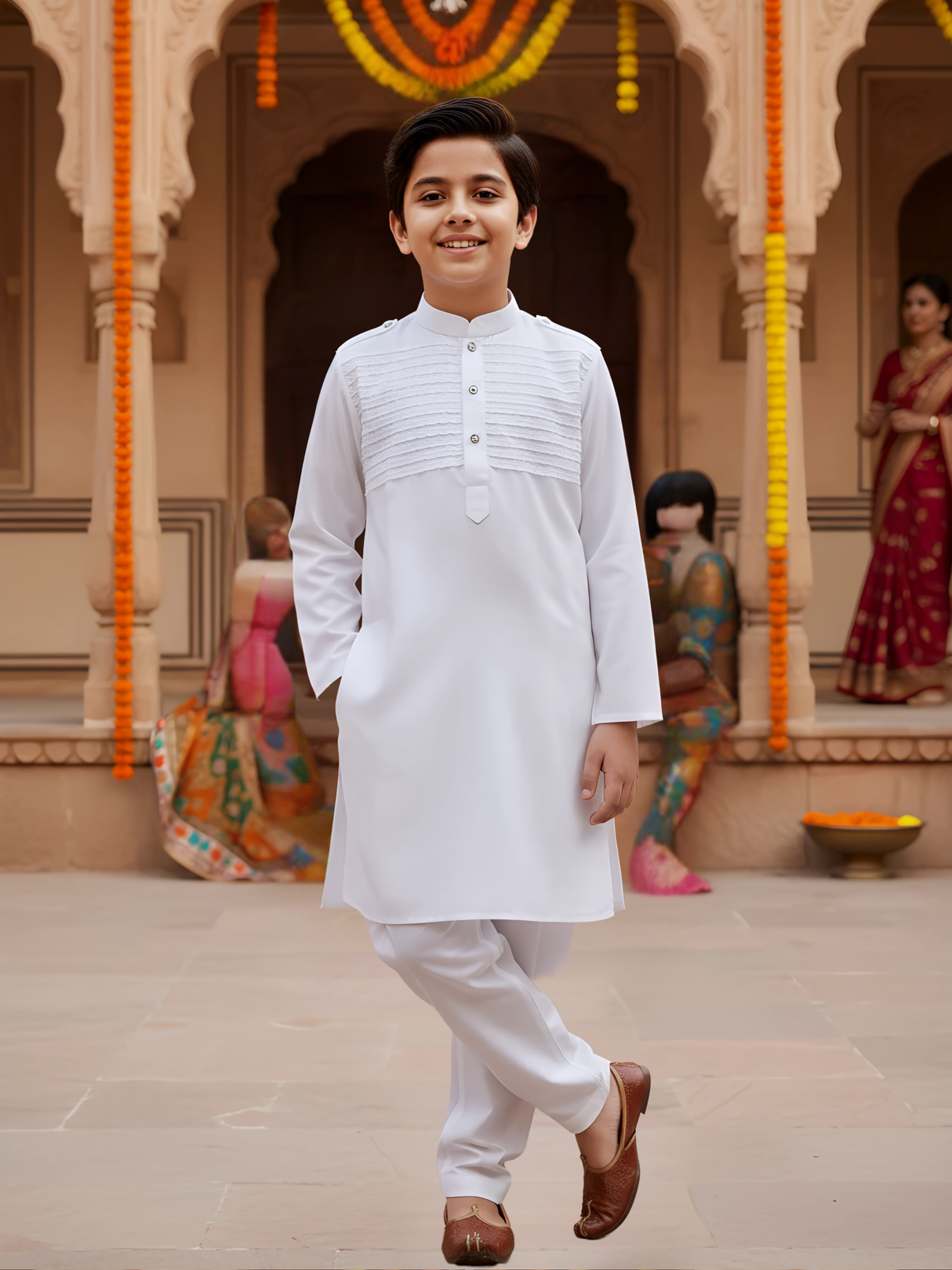 Boys' Elegant White Textured Kurta Set with Pajama