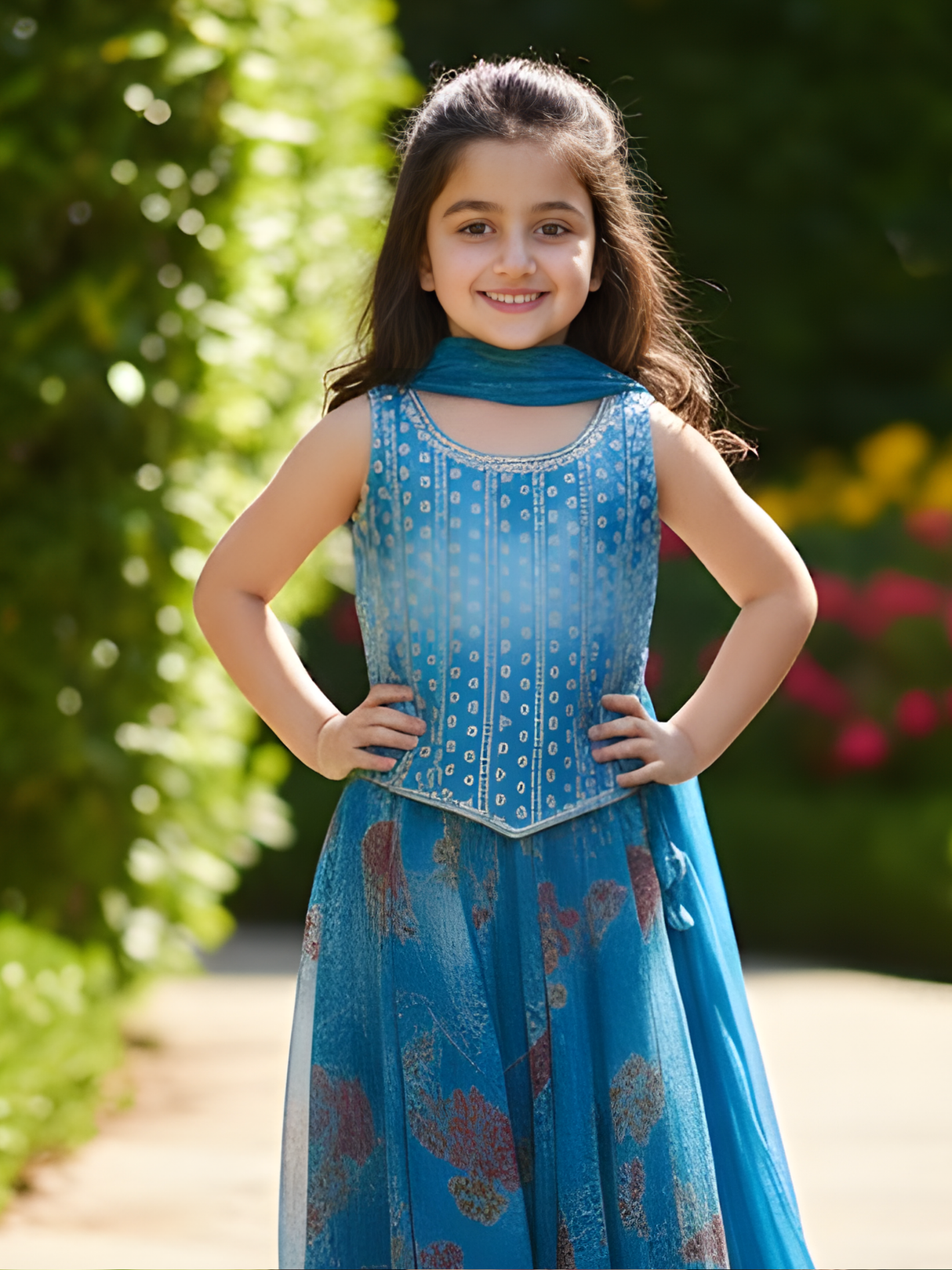 Girls' Geometric Embroidered Top and Floral Blue Lehenga Set