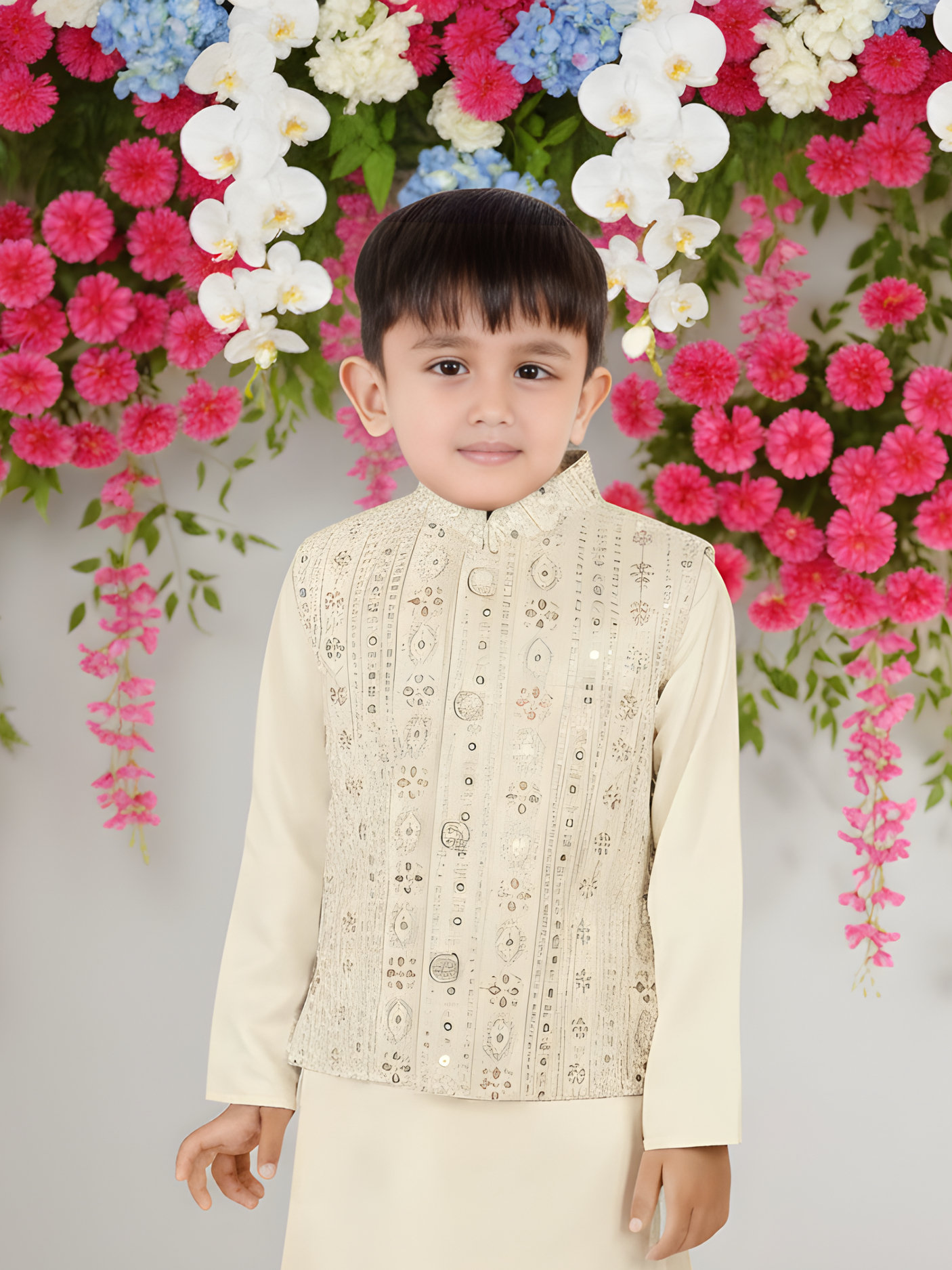 Boys' Cream Kurta Pajama Set with Multi-Color Embroidered Waistcoat