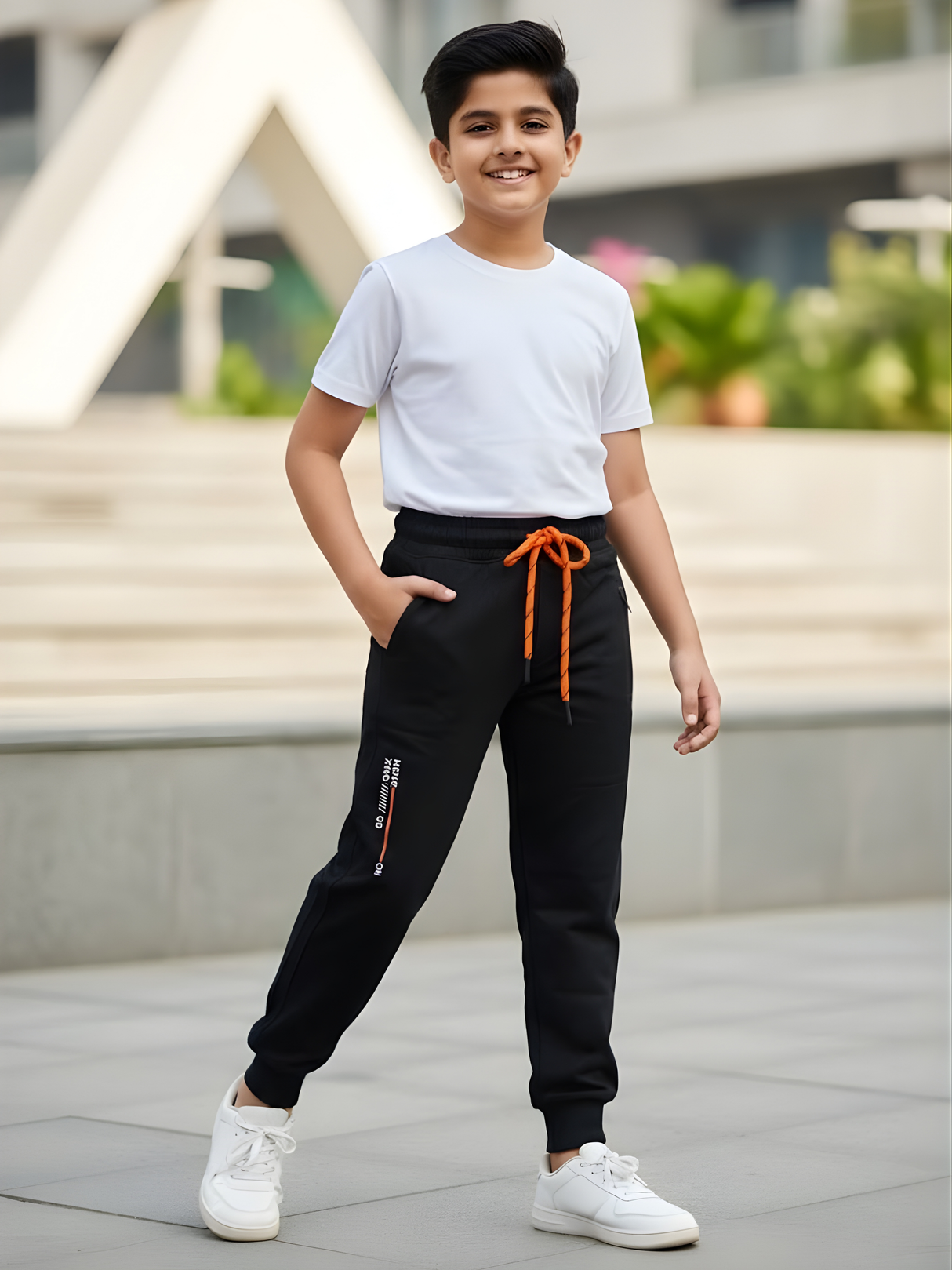 Boys' Black Cotton Blend Joggers with Contrast Orange Drawstring
