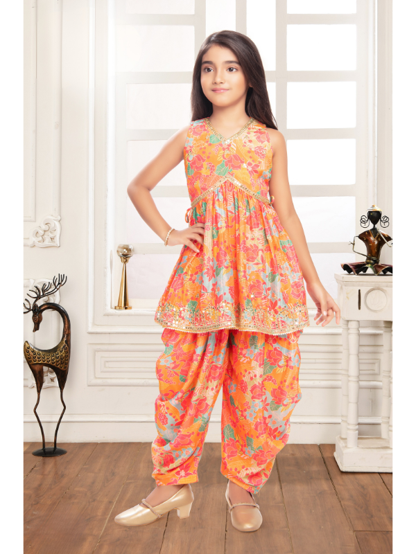 Girls Traditional Cap Sleeves Patiala Set - Orange