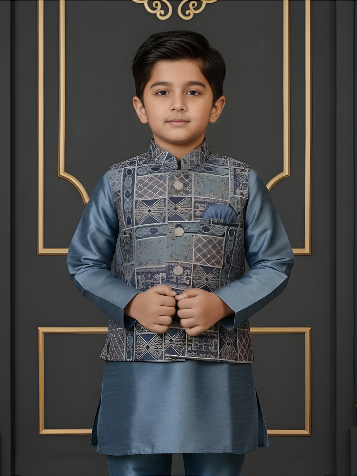 Boys Steel Blue Silk Kurta Set with Geometric Printed Nehru Jacket