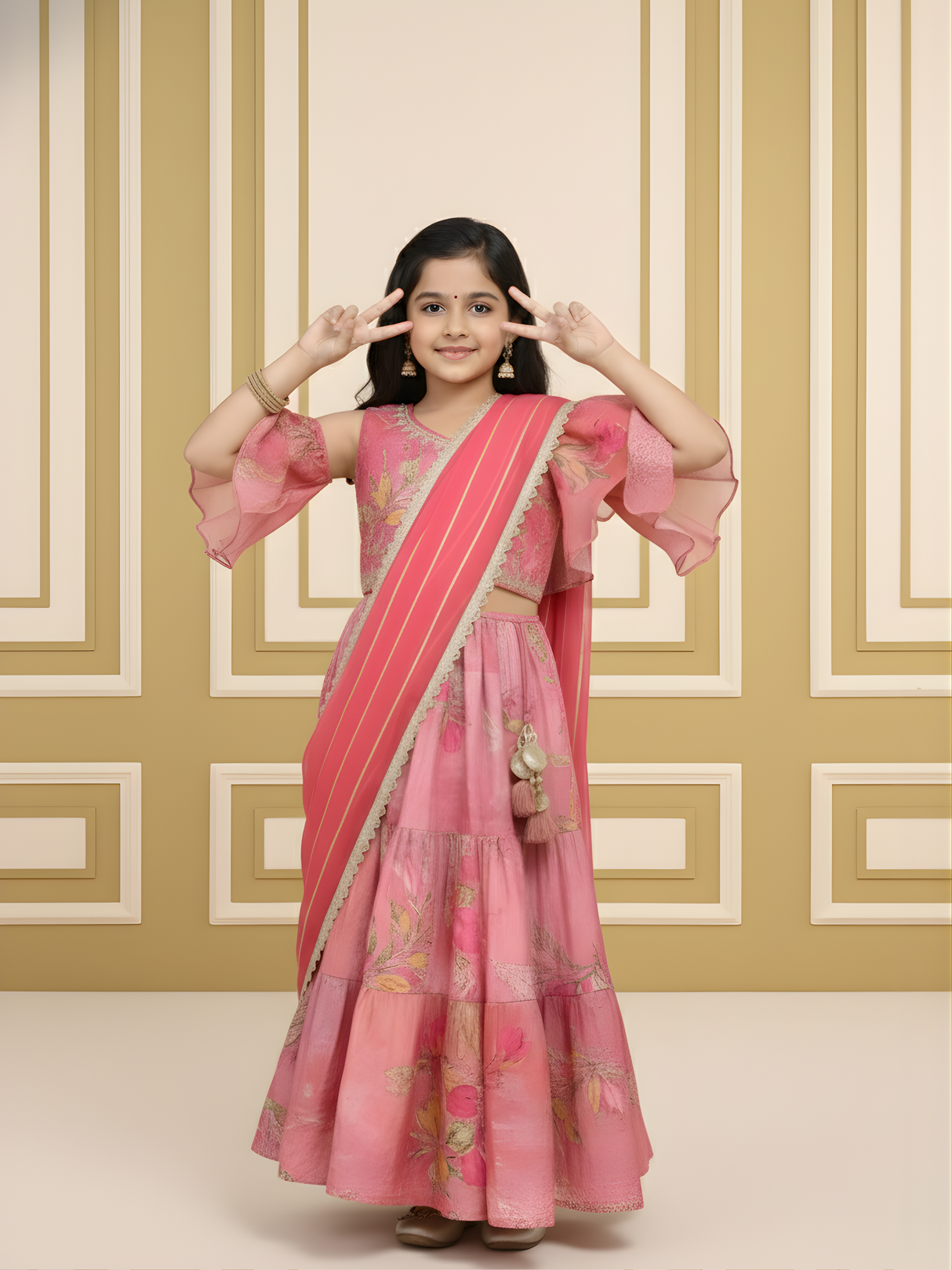 Girls' Peach and Rani Pink Tiered Lehenga Choli with Ruffle Sleeve