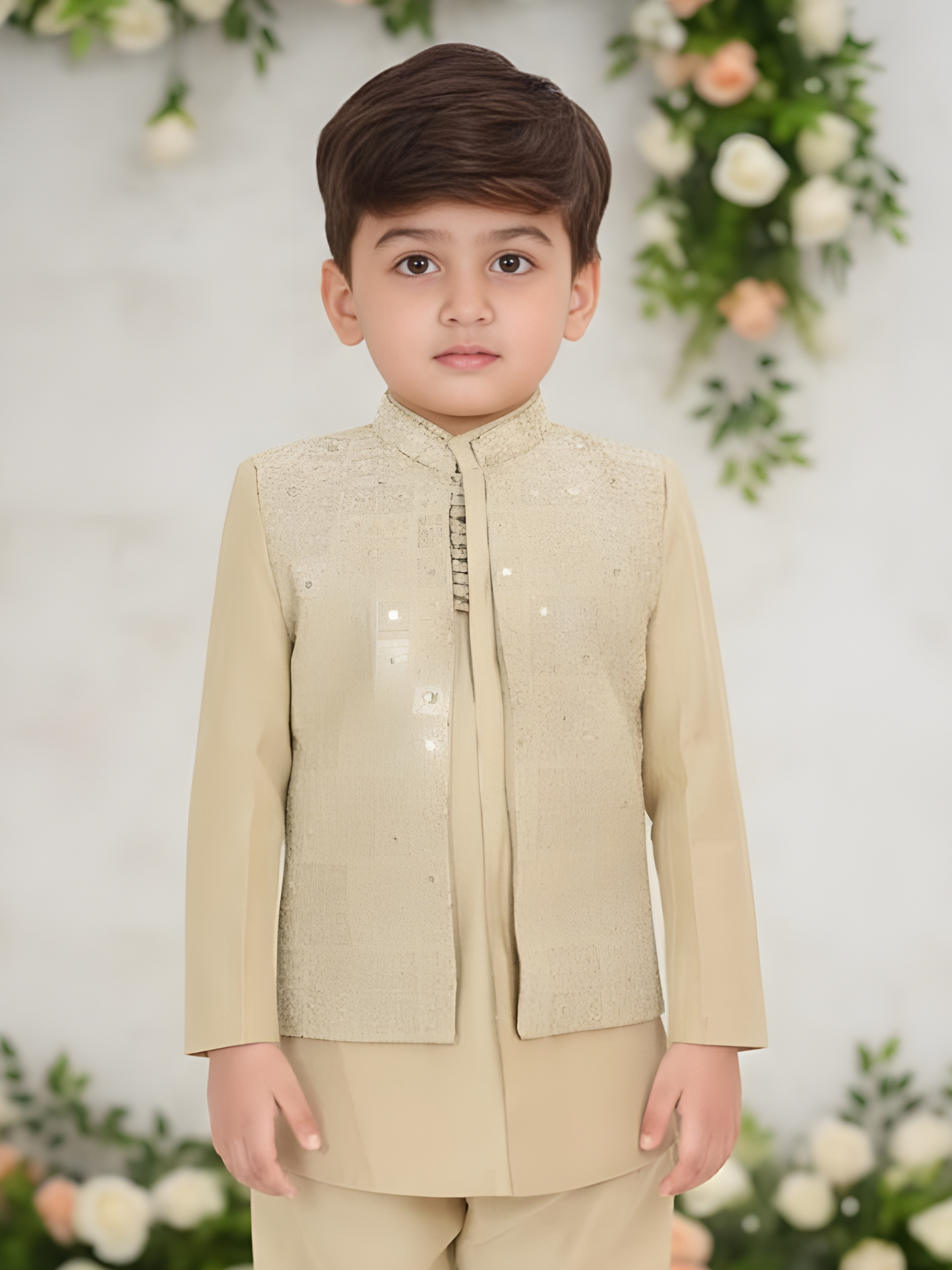 Boys' Fawn Beige Kurta Pajama Set with Embroidered Nehru Jacket