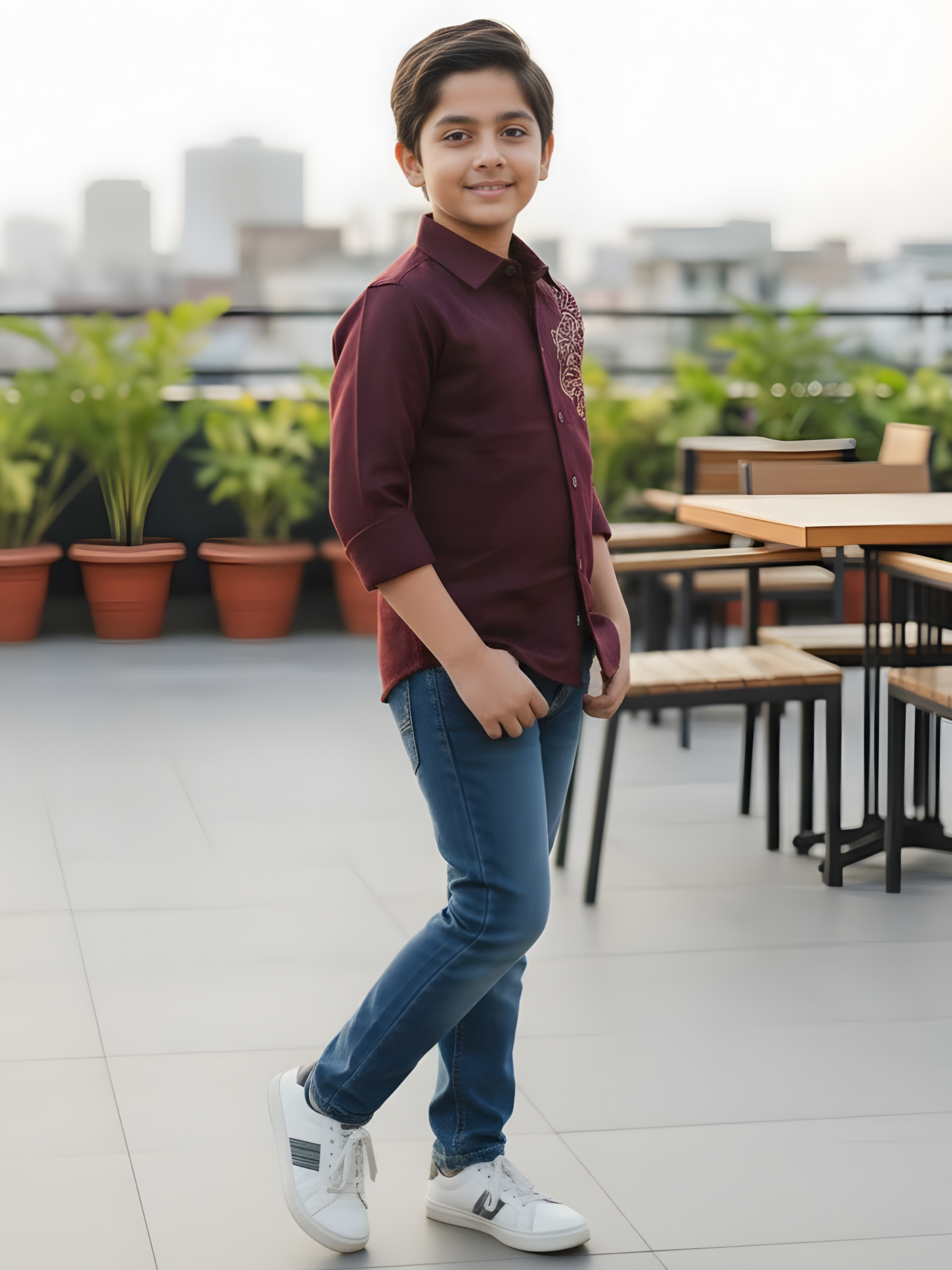 Boys Maroon Lion Art Party Wear Shirt