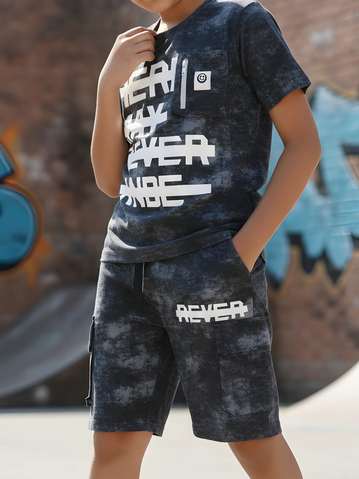 Boys Black Acid Wash 'Never' Graphic Shorts Set