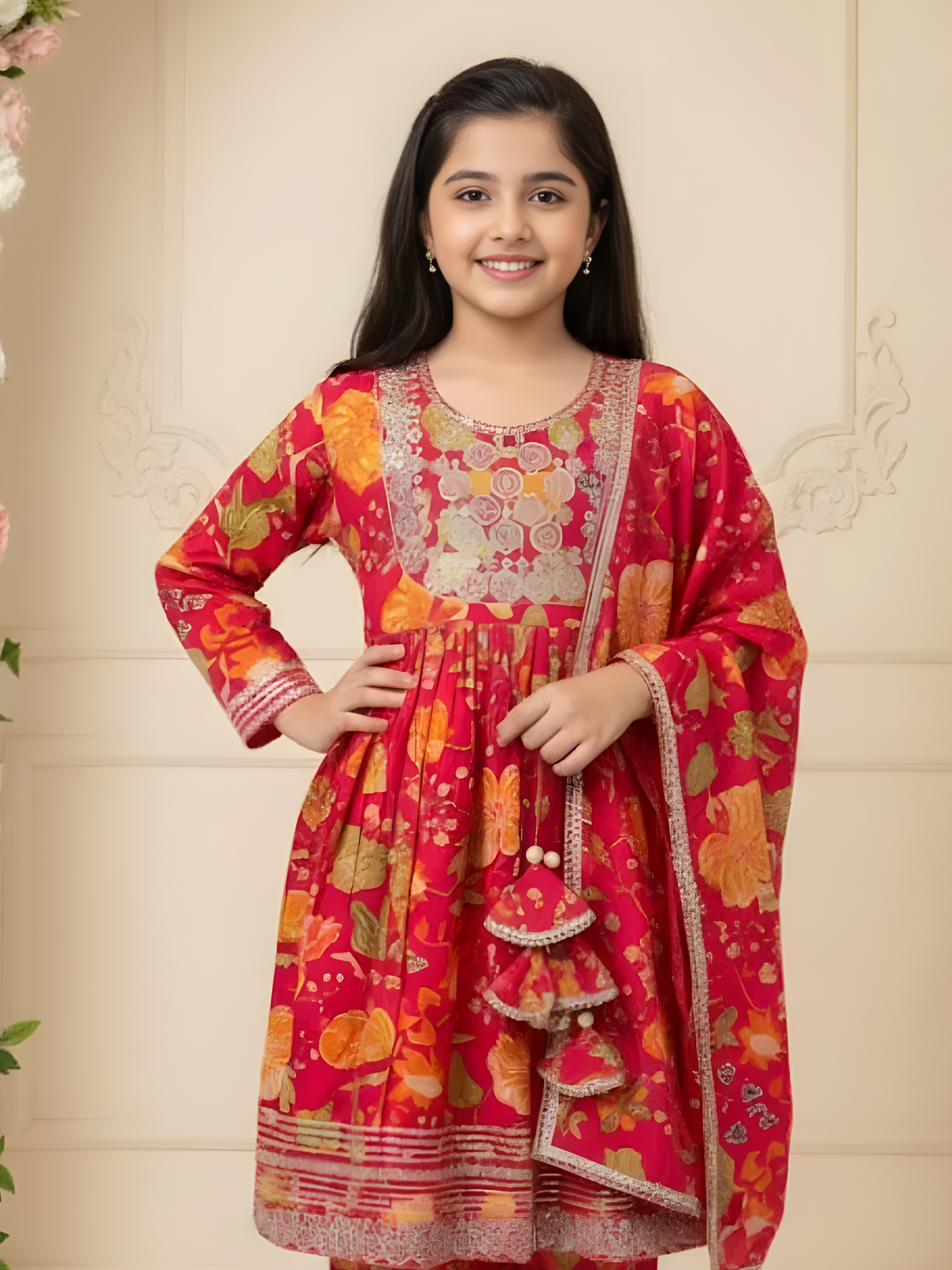 Girls' Rani Pink Floral Anarkali Suit Set with Embroidered Neckline