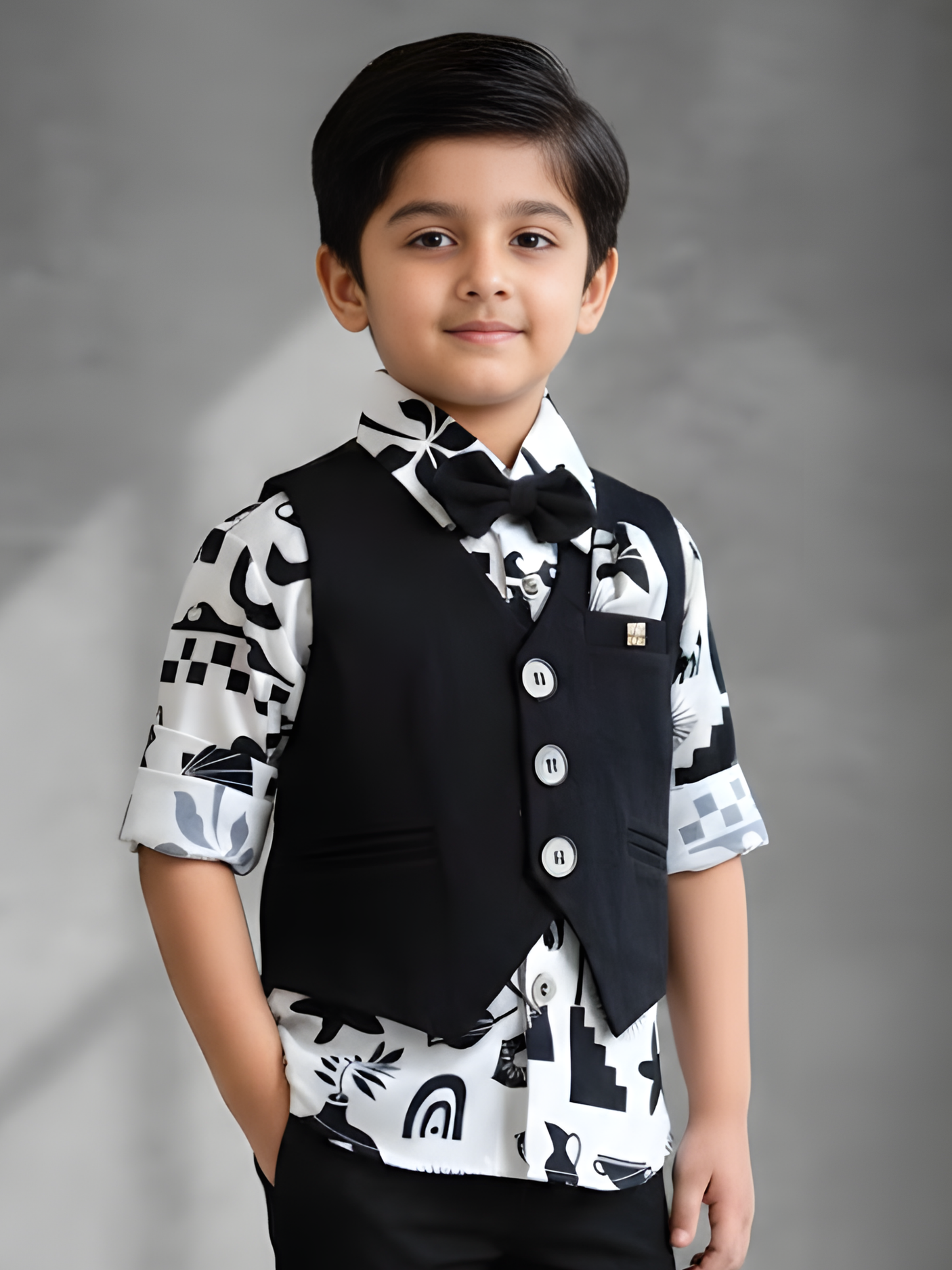 Boys' Black Modern Print 4-Piece Waistcoat & Trouser Set