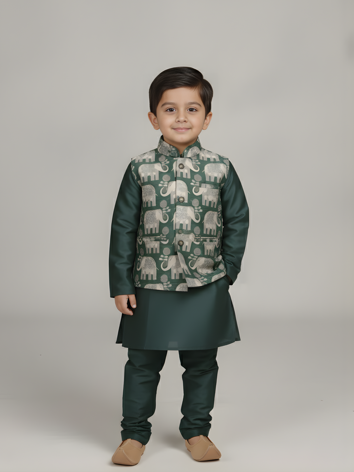 Boys' Bottle Green Kurta Pajama with Elephant Print Nehru Jacket