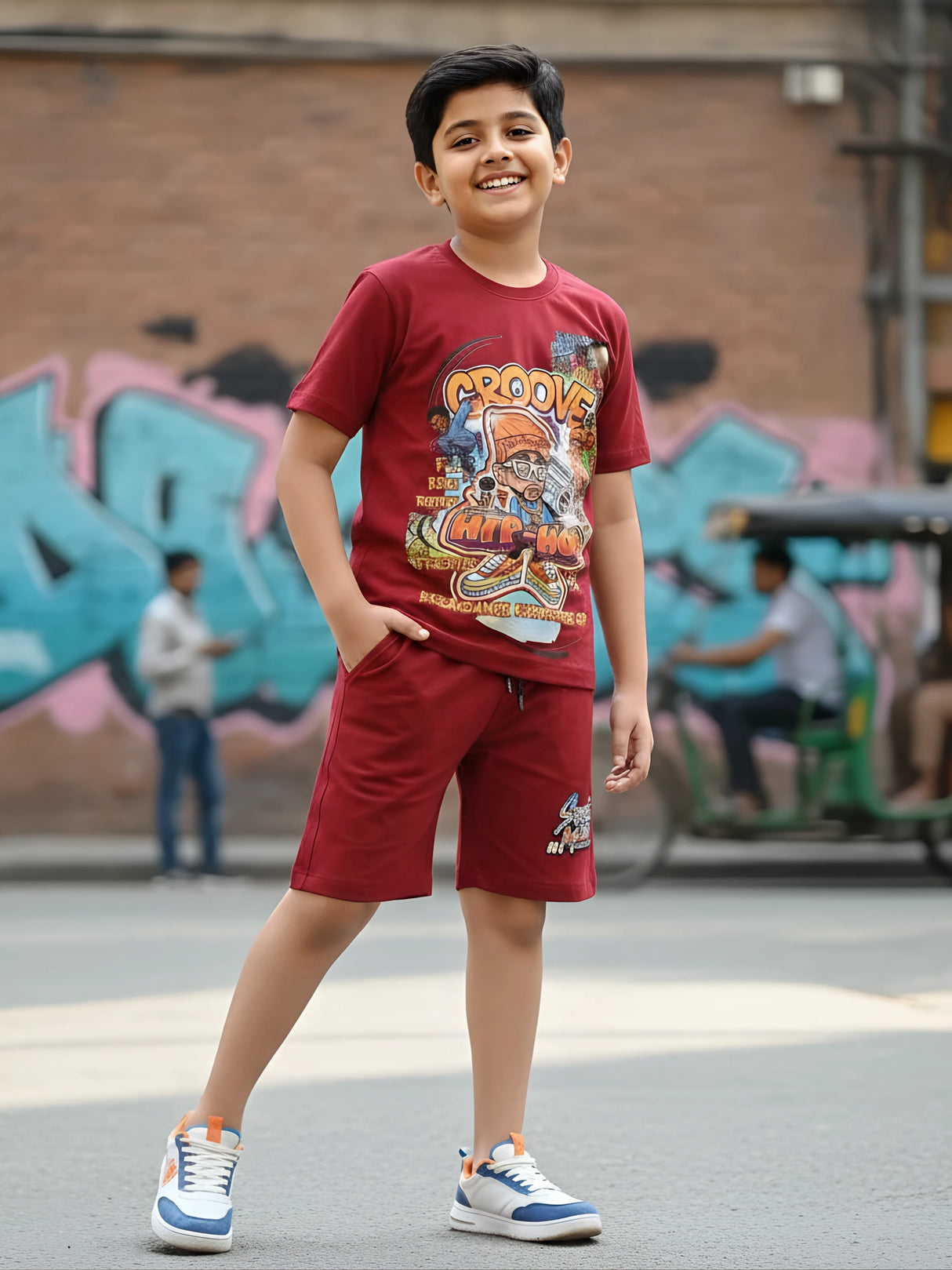 Boys Maroon Hip-Hop Graphic Printed Cotton Coordinate Set