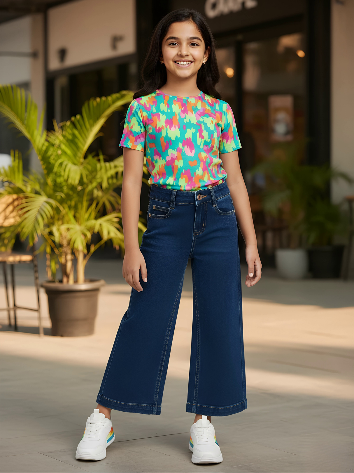 Girls High-Waist Wide-Leg Denim Jeans