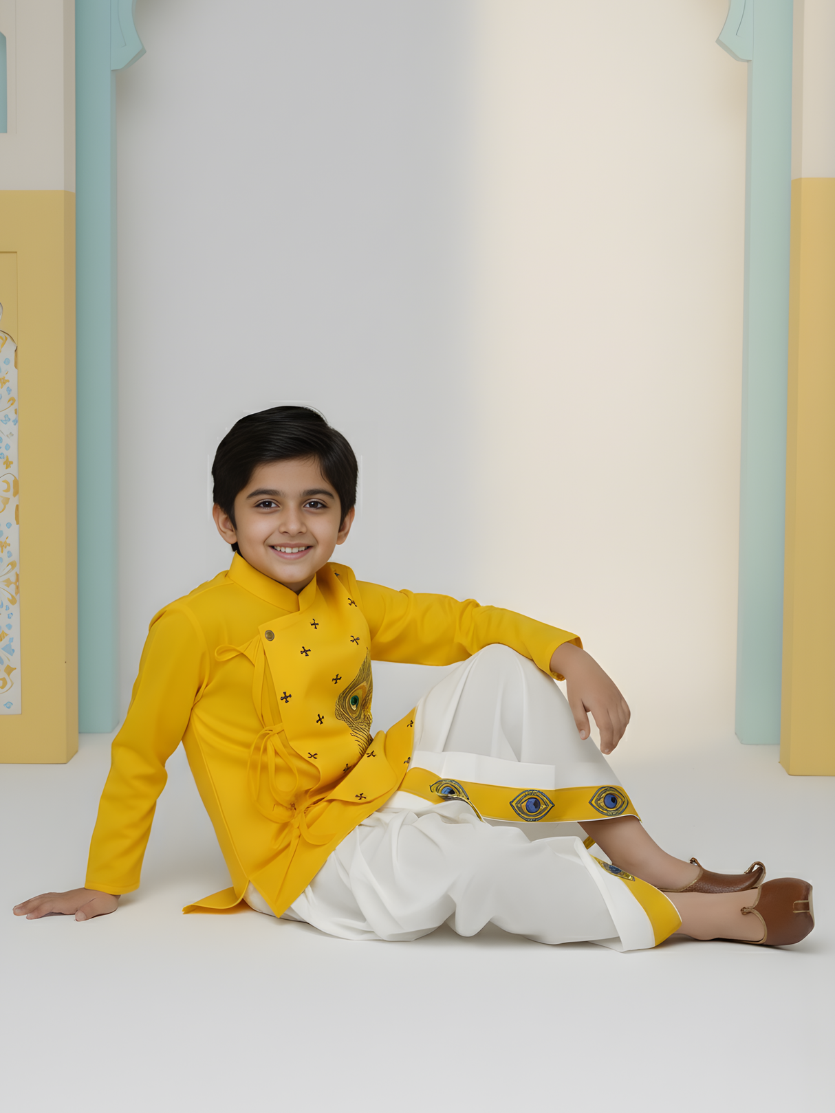 Boys' Yellow Printed Angrakha Kurta and White Dhoti Set