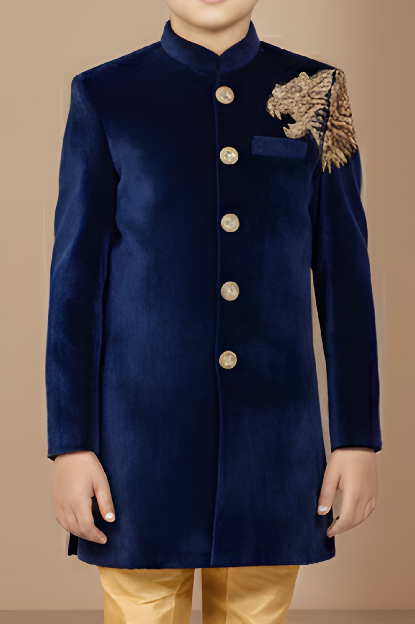 Royal Blue Velvet Jodhpuri Suit with Gold Brooch for Boys